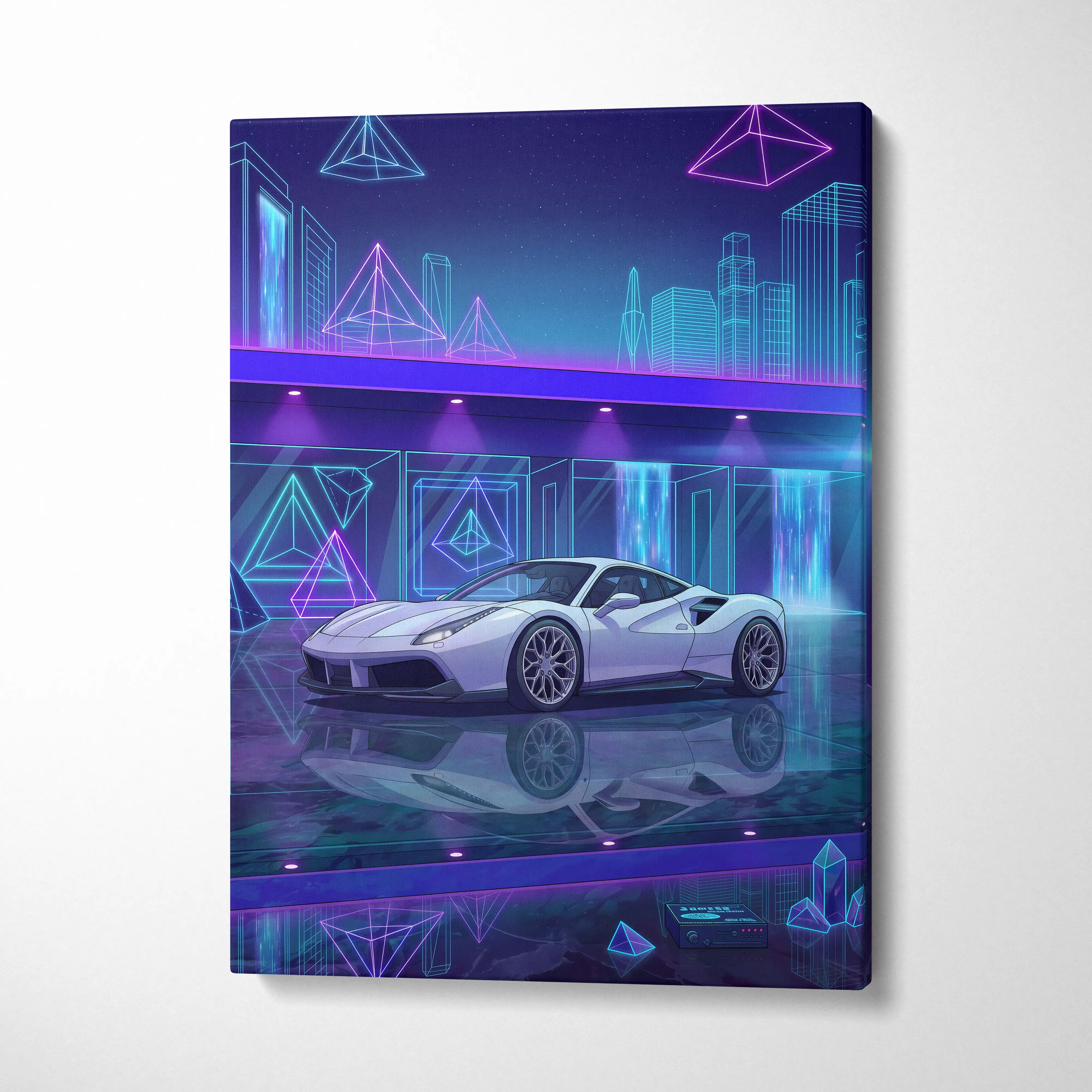 Ferrari 488 Inspired White Purple Canvas Wall Art Vaporwave Supercar Artwork Neon Crystal Garage Decor Retro Futuristic City Print