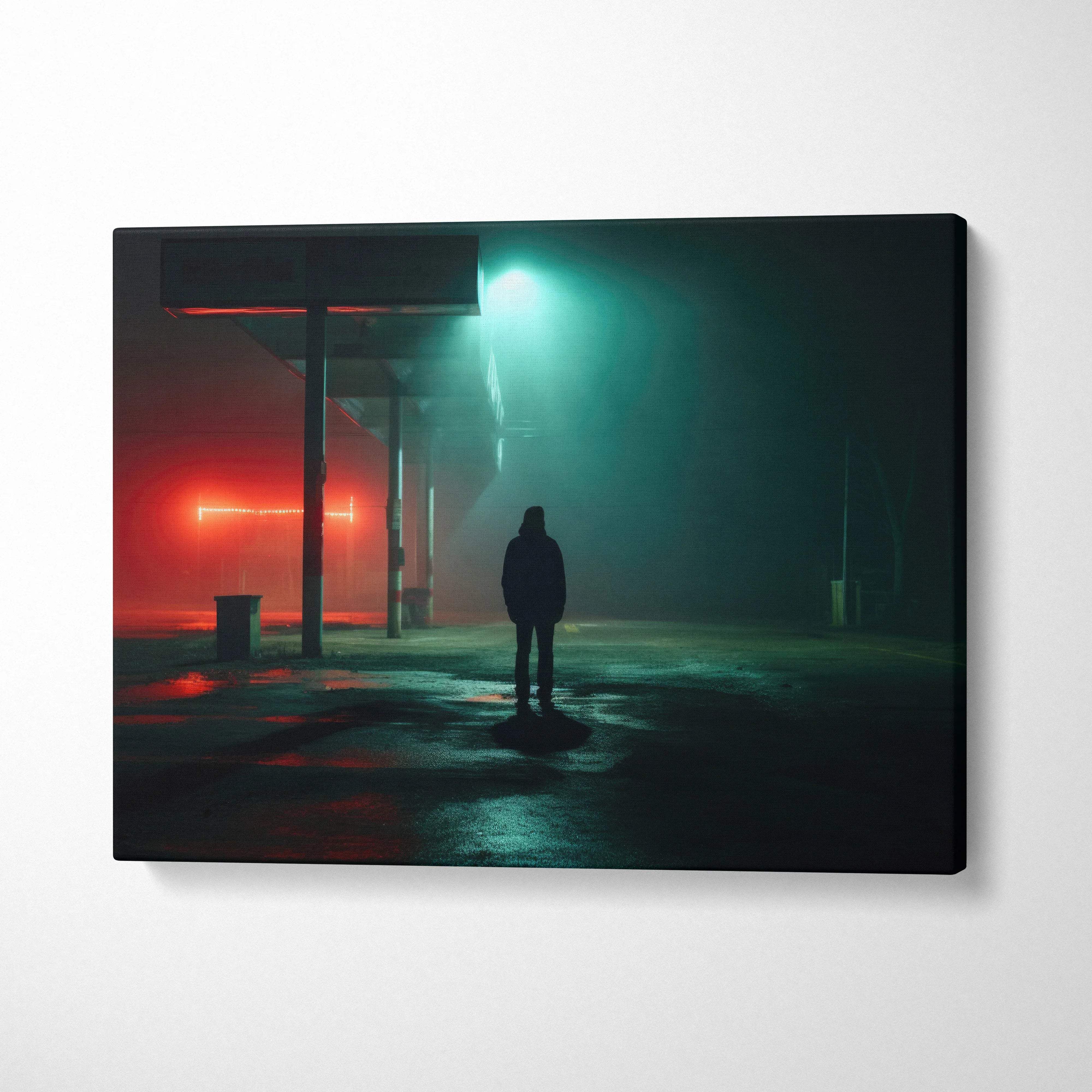 Surreal neon night canvas art: lone man in foggy urban alley with teal crimson lights