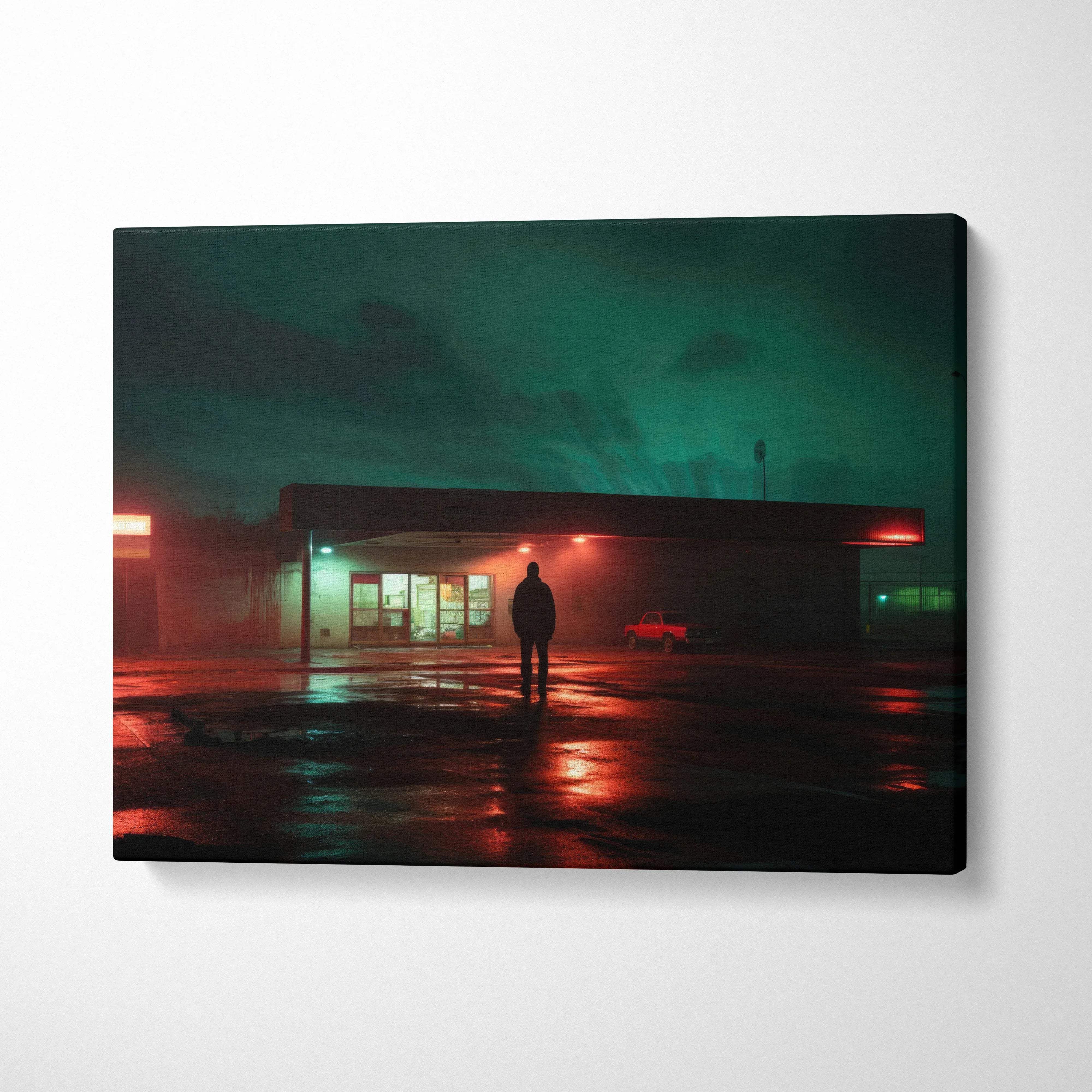 Nocturnal neon noir canvas print: lone man at rainy gas station in teal red lights