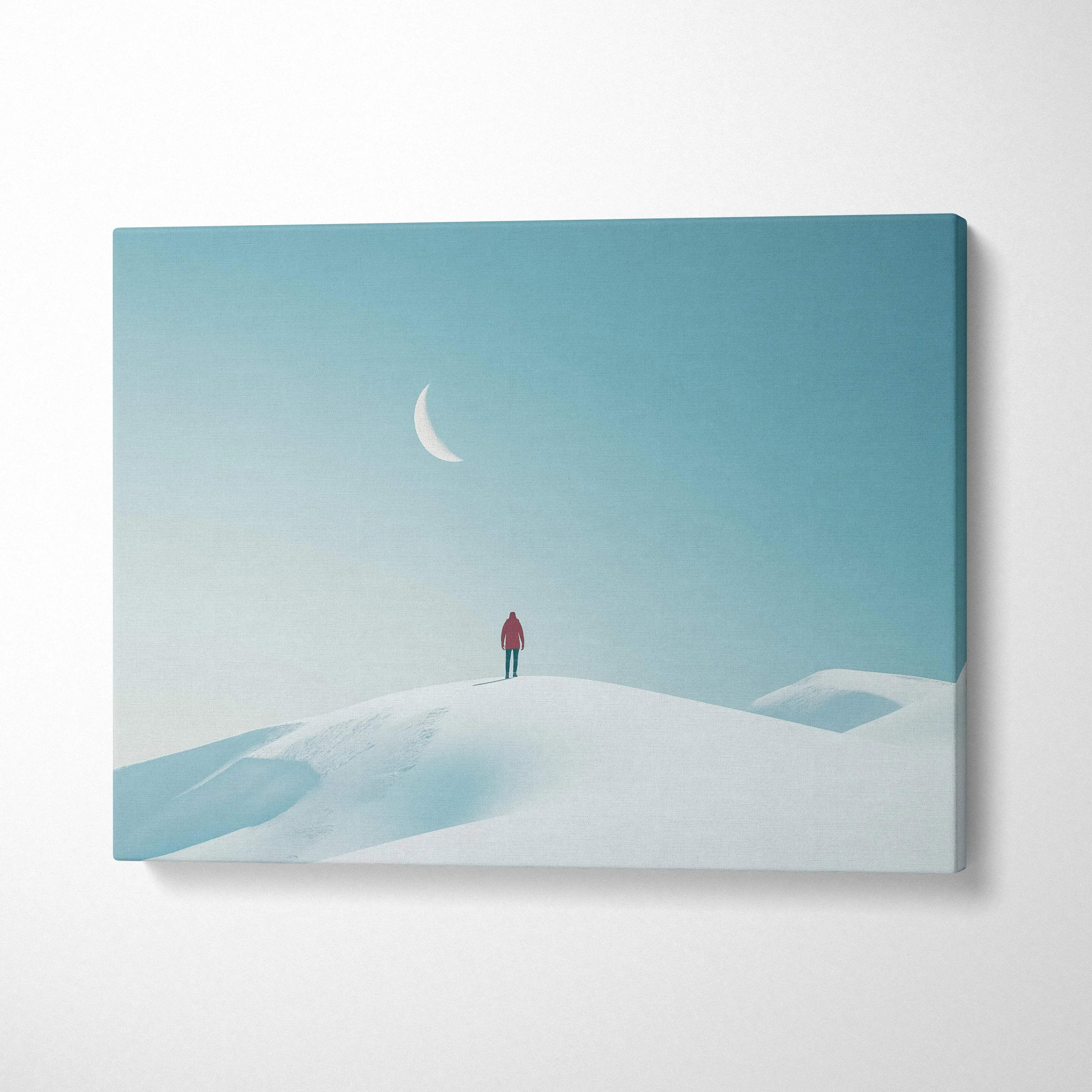 Canvas wall art of a lone figure in red on a snowy hill beneath a glowing crescent moon.