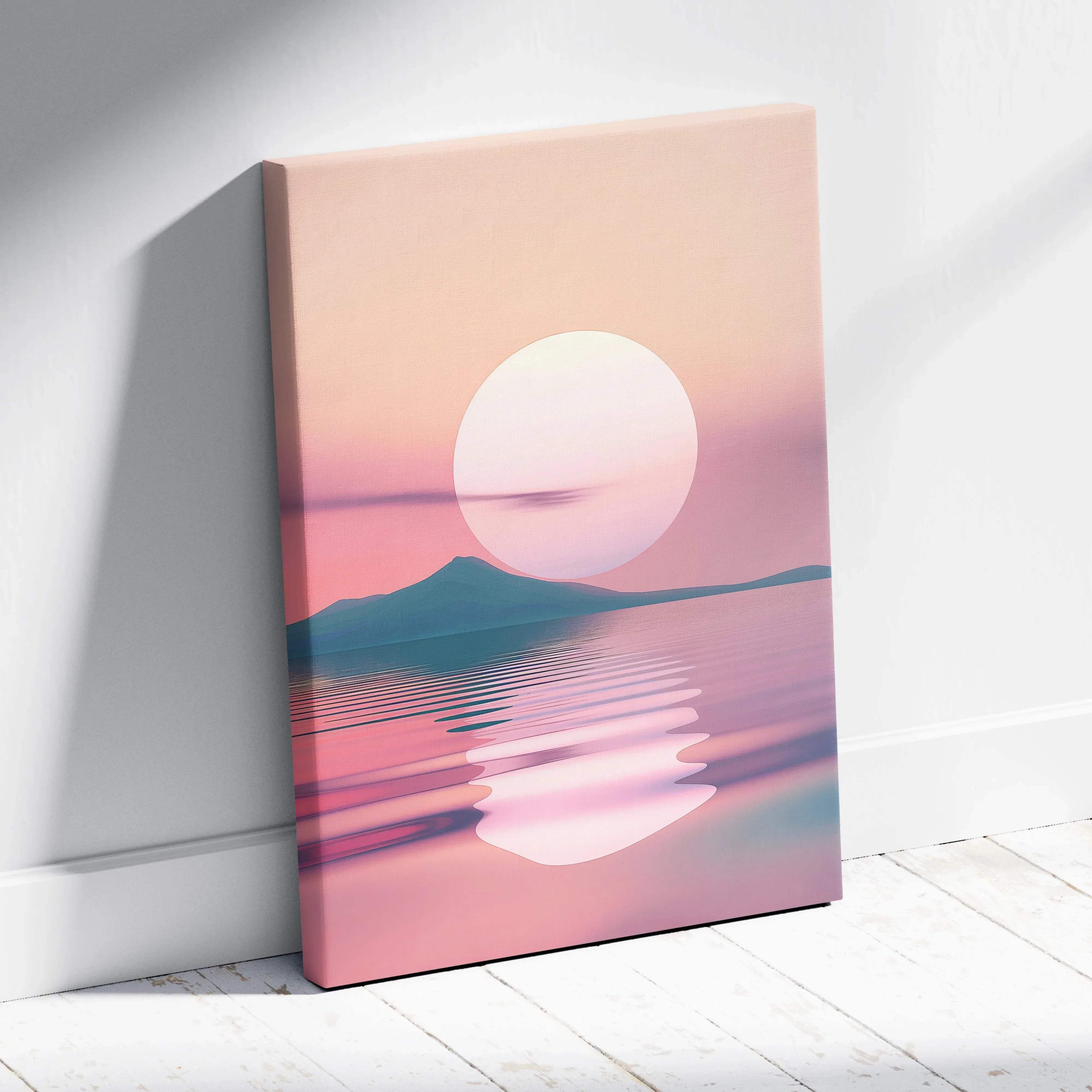Minimalist sunset over the sea canvas wall art featuring a pastel pink peach sunset with teal mountains and white sun reflection