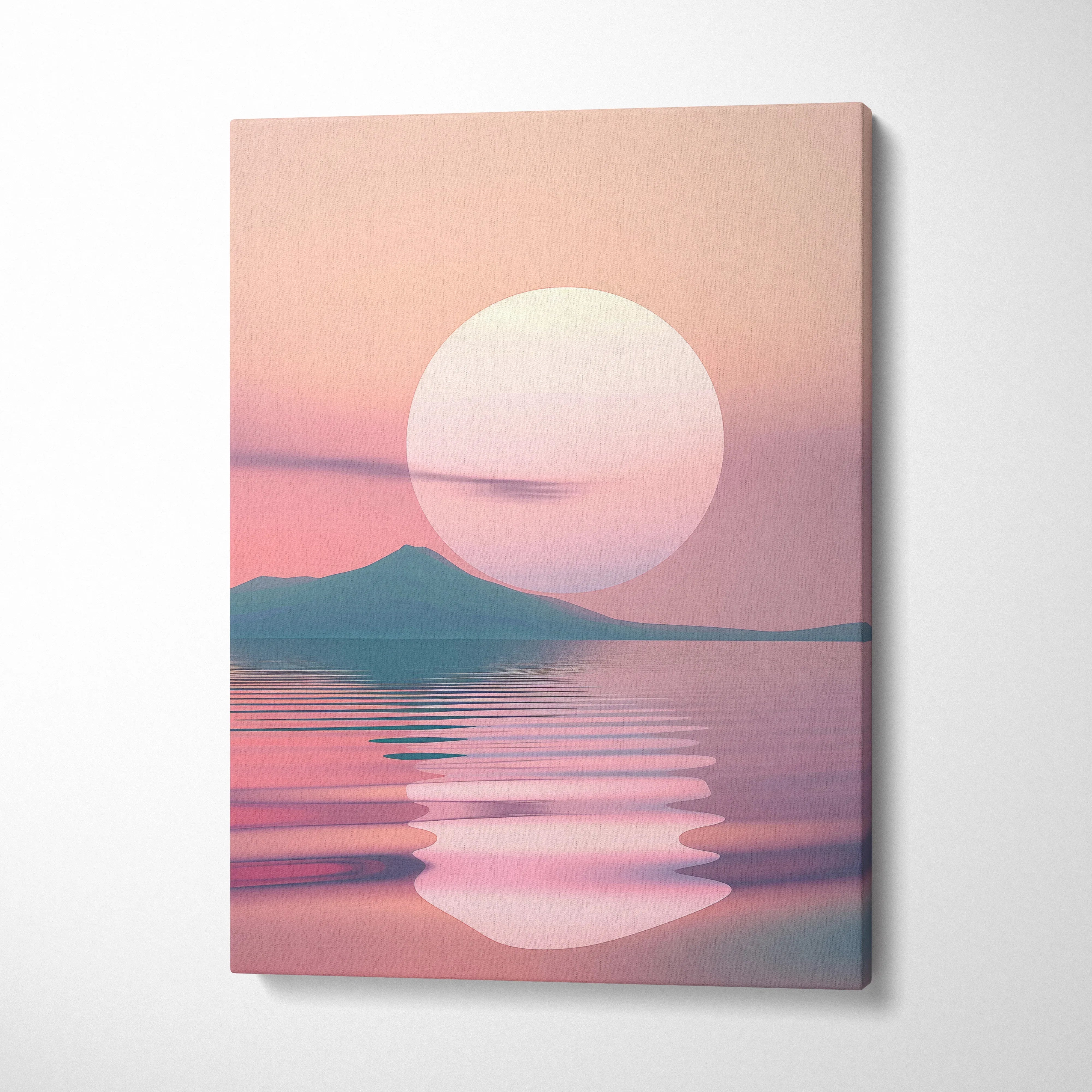 Minimalist sunset over sea digital art on canvas with soft pink and purple hues, wall art decor.