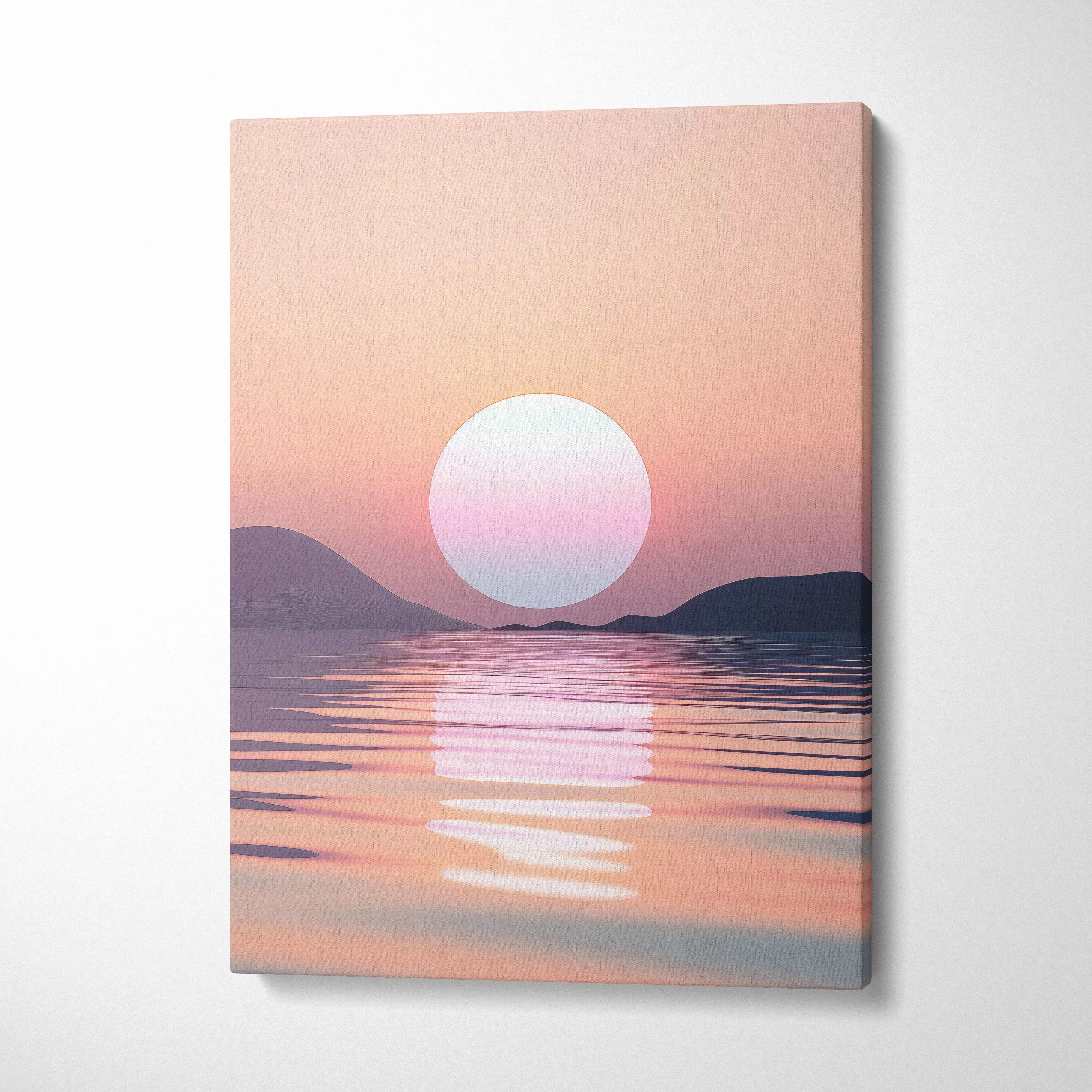 Minimalist digital canvas wall art featuring serene sunset over calm sea with soft pastel tones.