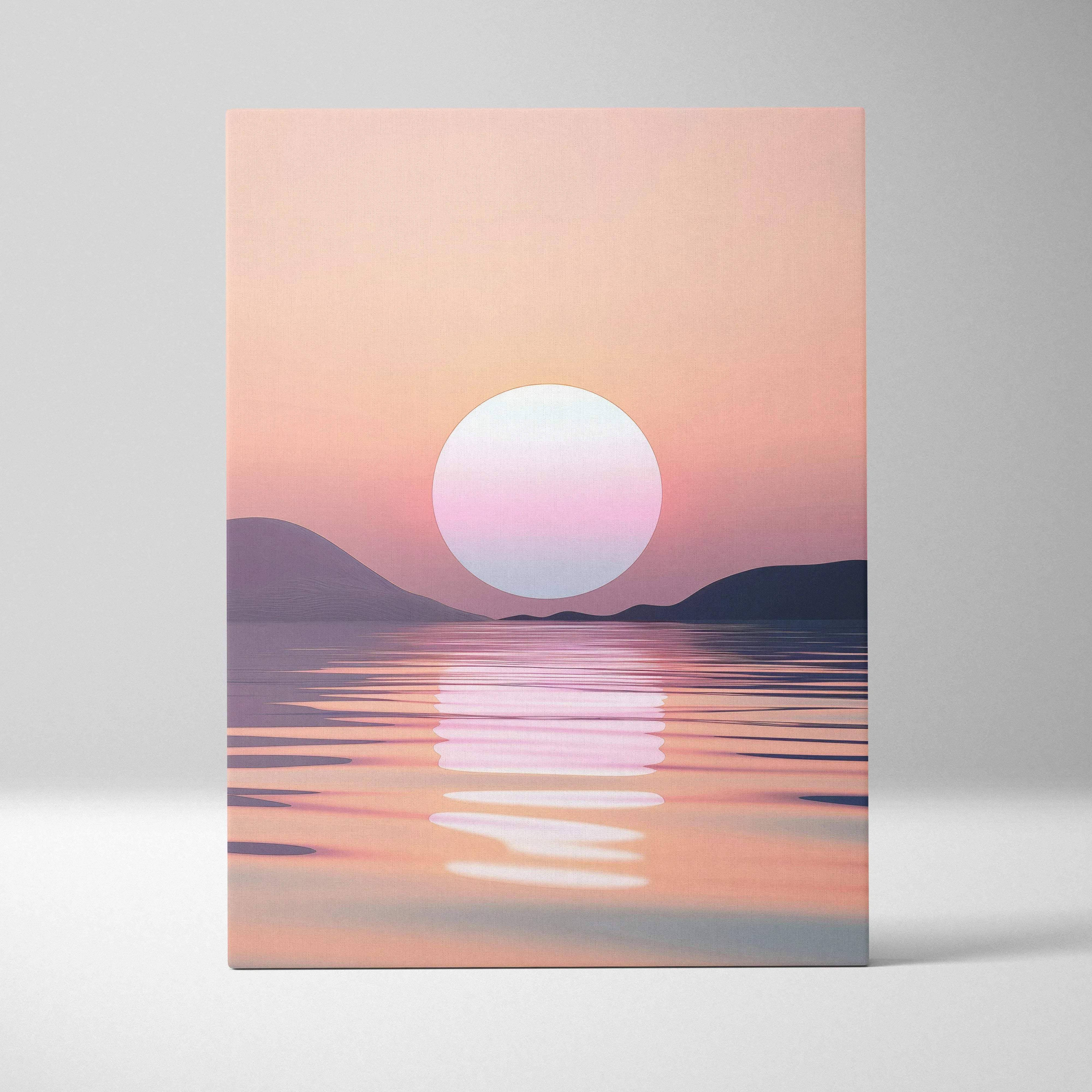 Minimalist pastel pink and lavender sunset canvas print with stylized sun reflecting on calm sea for coastal decor