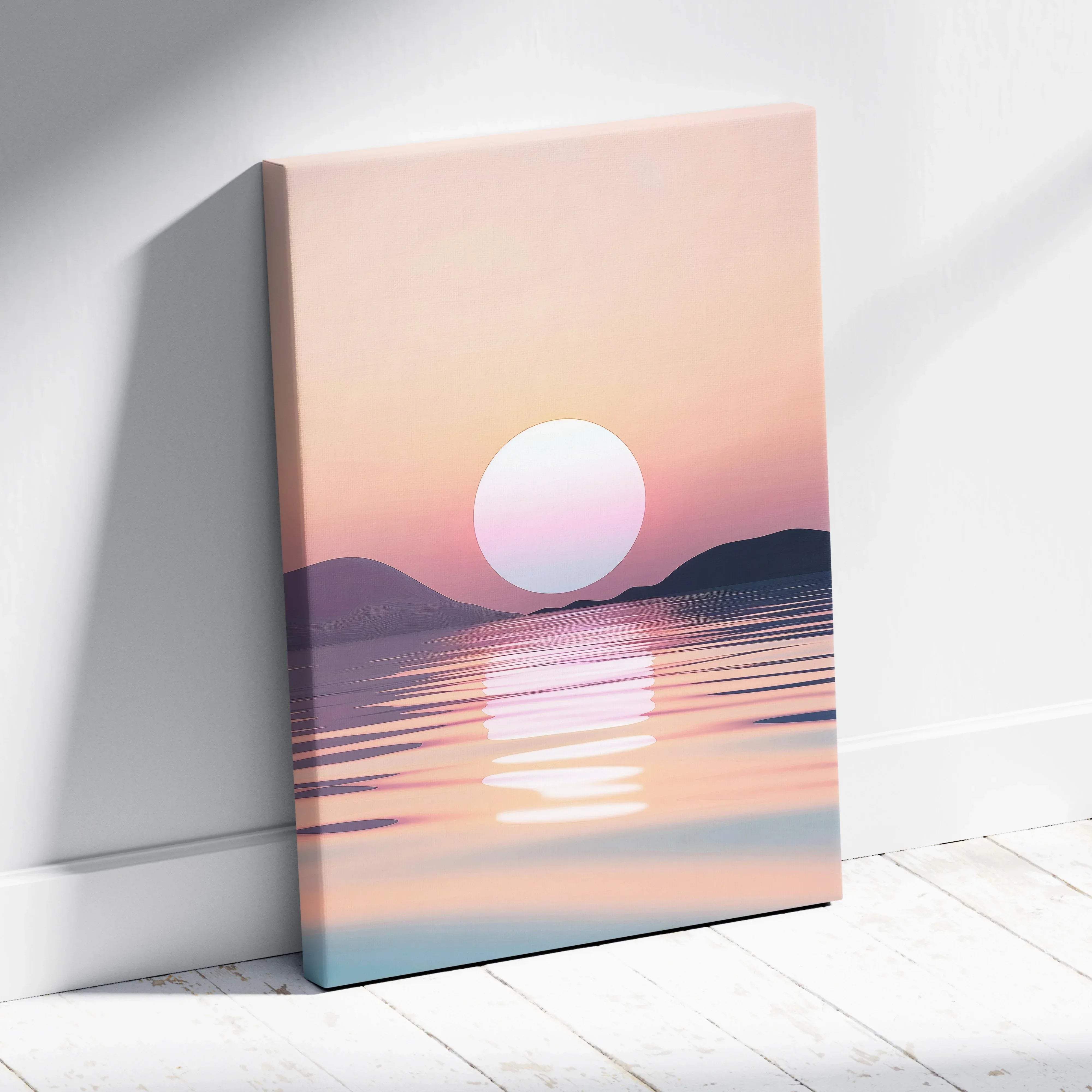 Minimalist sunset over the sea canvas wall art with soft peach pink purple pastels and silhouetted hills for coastal decor