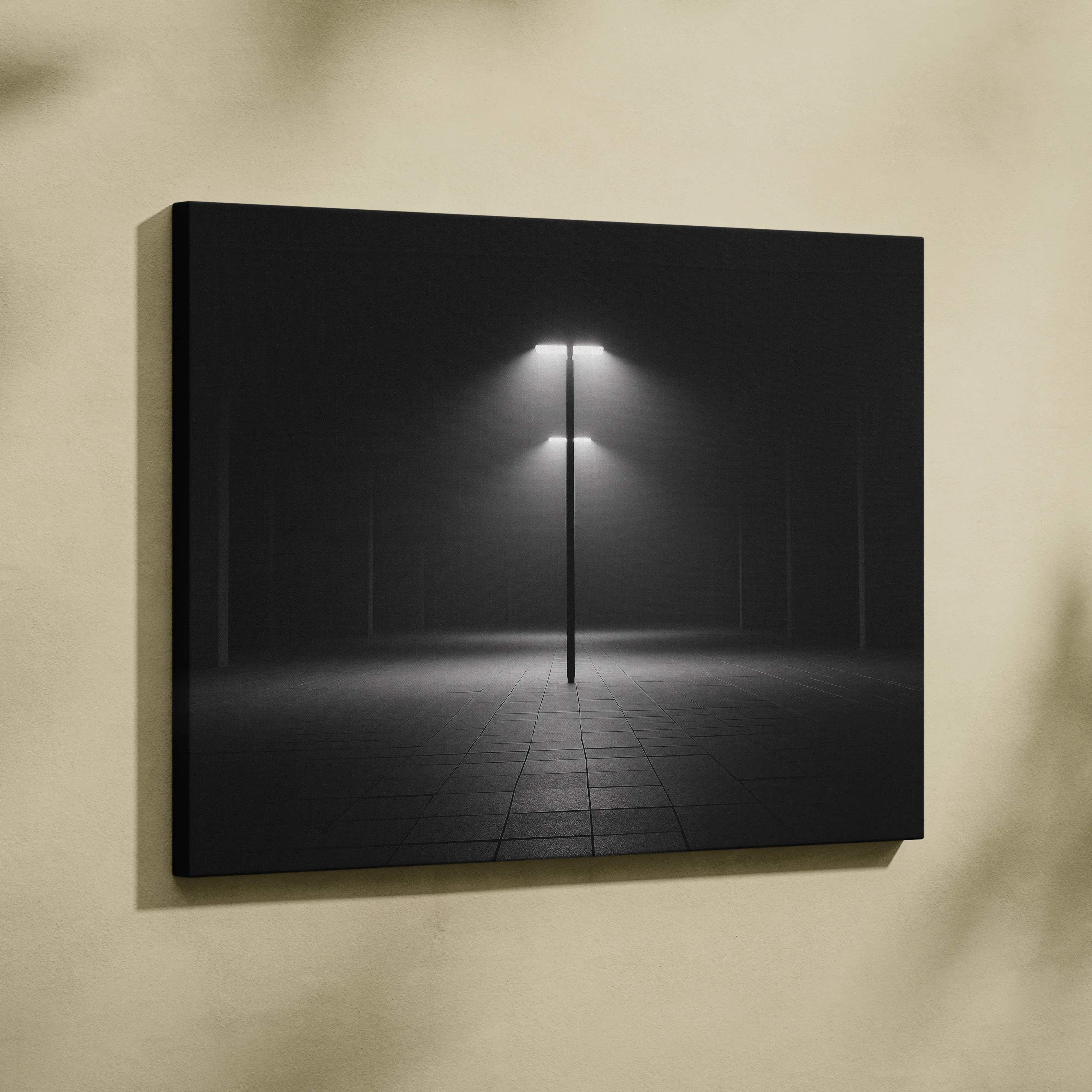 Minimalist black and white canvas wall art featuring a solitary streetlamp casting light in foggy wilderness