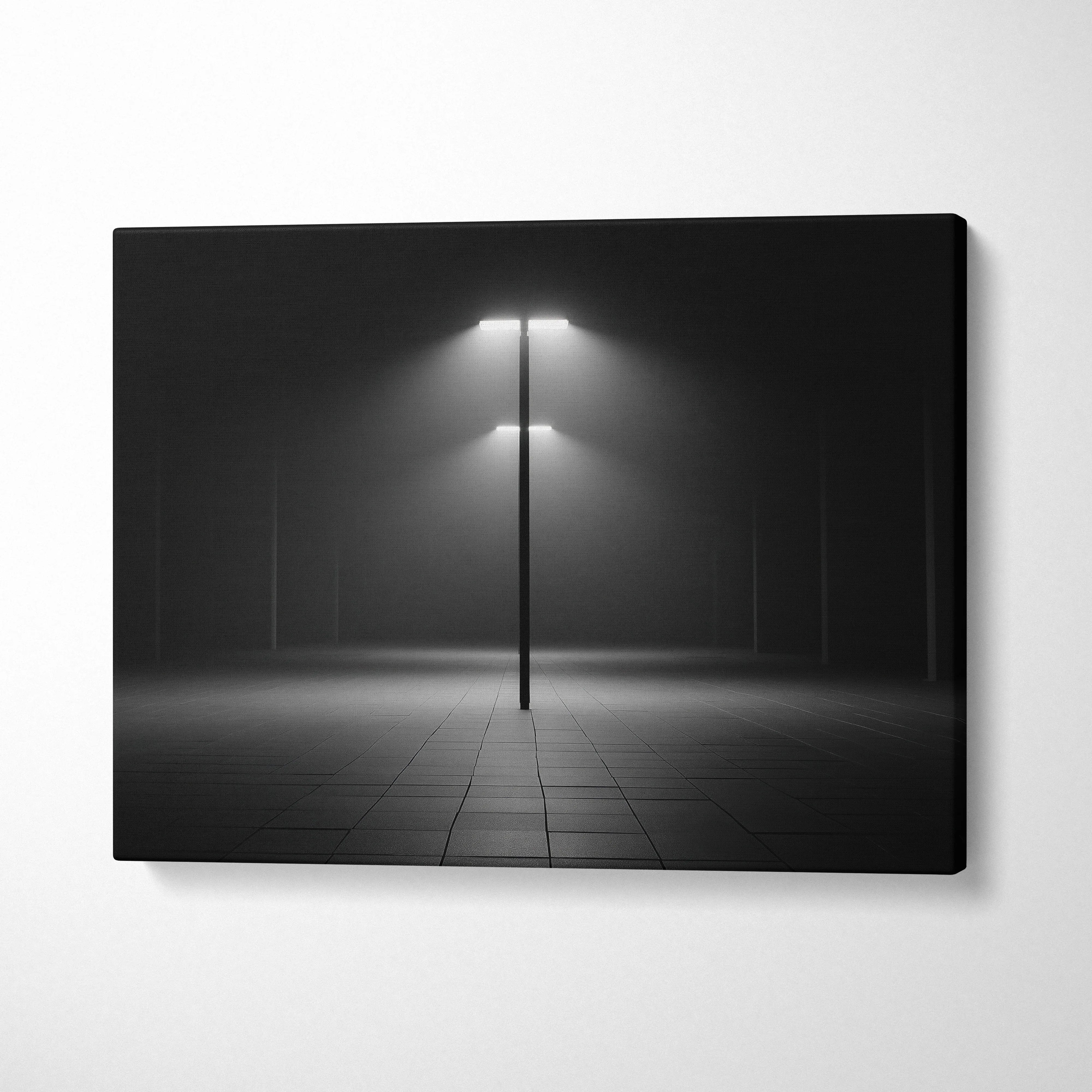 Minimalist black and white canvas wall art featuring solitary illuminated light posts in a foggy wilderness setting for.
