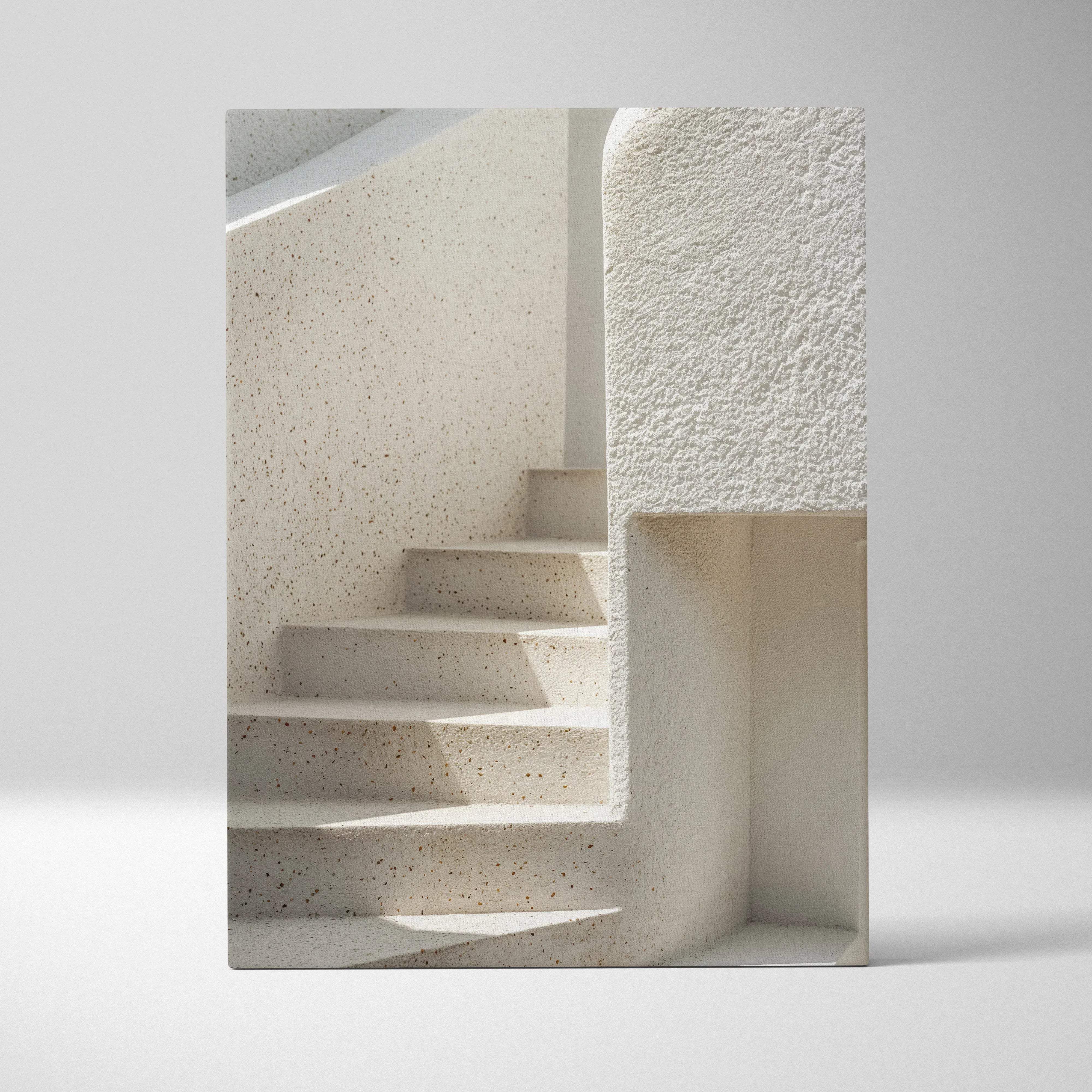 Canvas wall art featuring a minimalist white staircase with speckled terrazzo steps and textured walls for calm decor