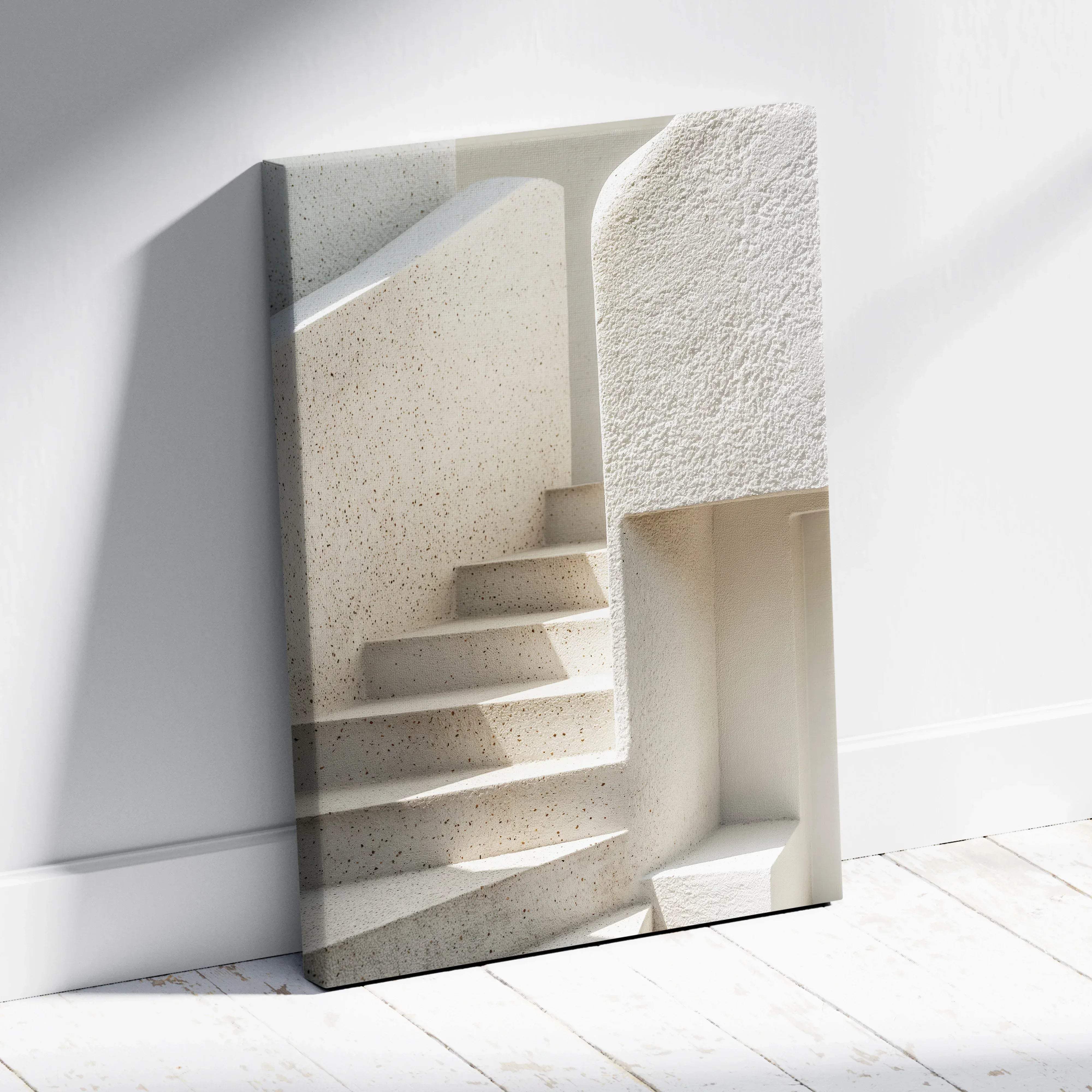 A minimalist canvas wall art print featuring a modern white concrete staircase with speckled texture and geometric lines