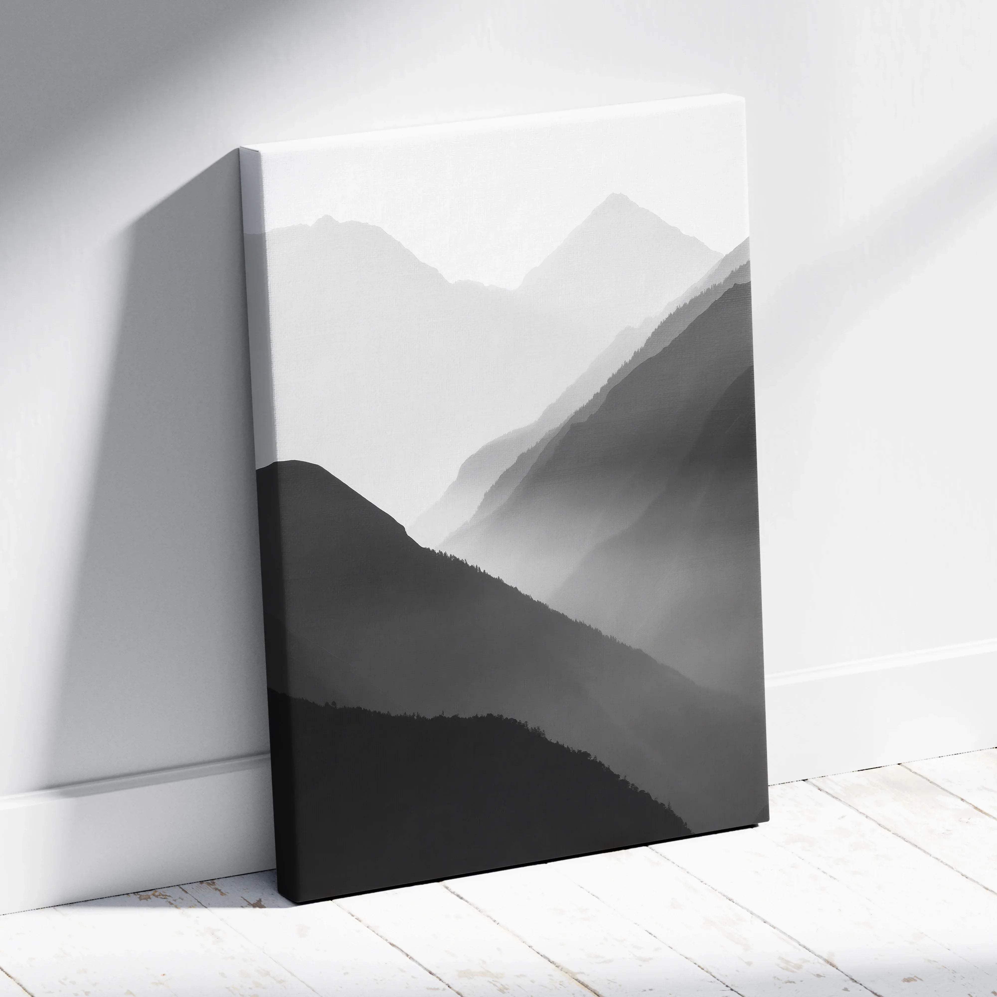 Black and white canvas print of misty mountain ranges in gray tones minimalist mountain landscape wall art for modern decor