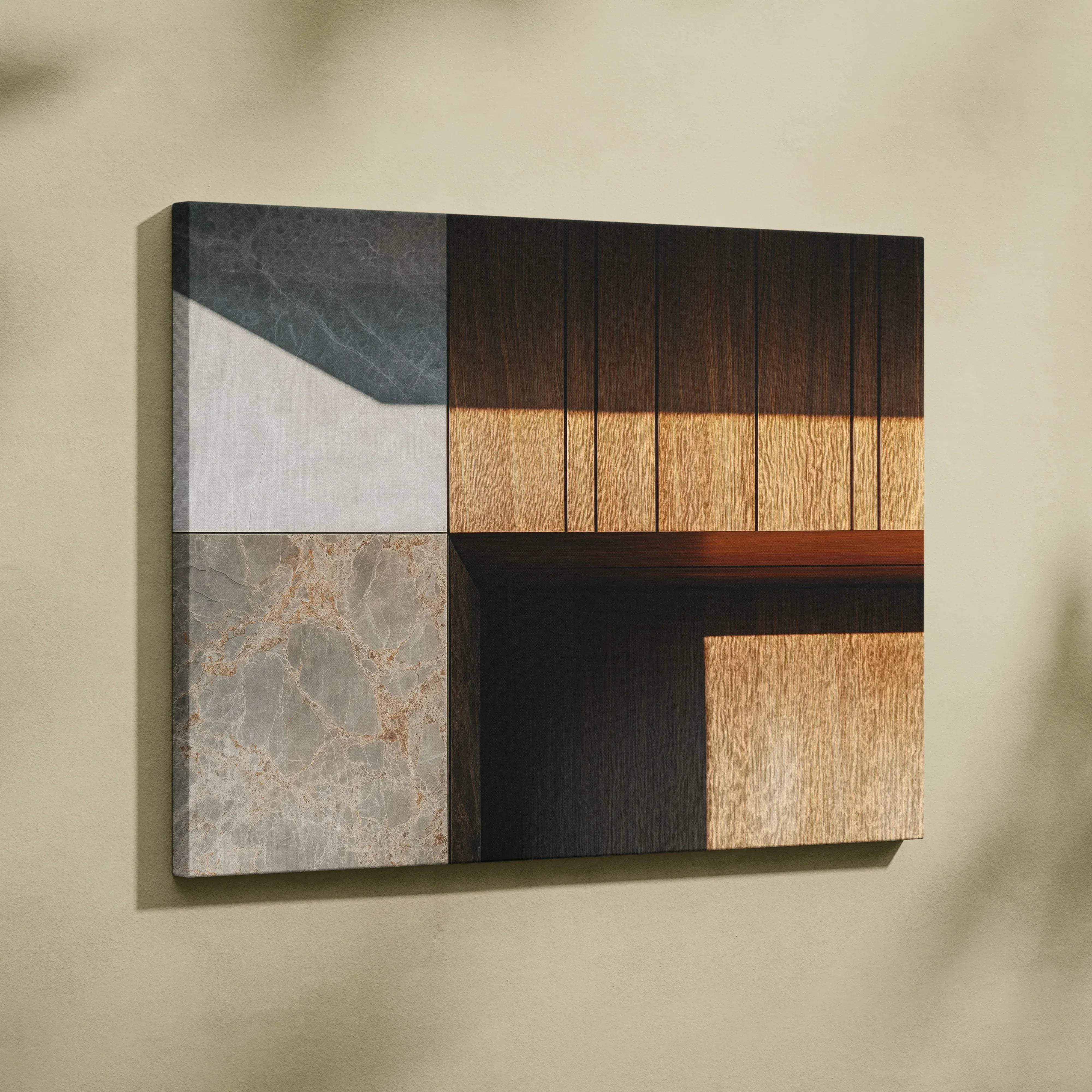 Minimalist forest canvas wall art featuring geometric panels in dark gray marble white stone brown wood and beige tones