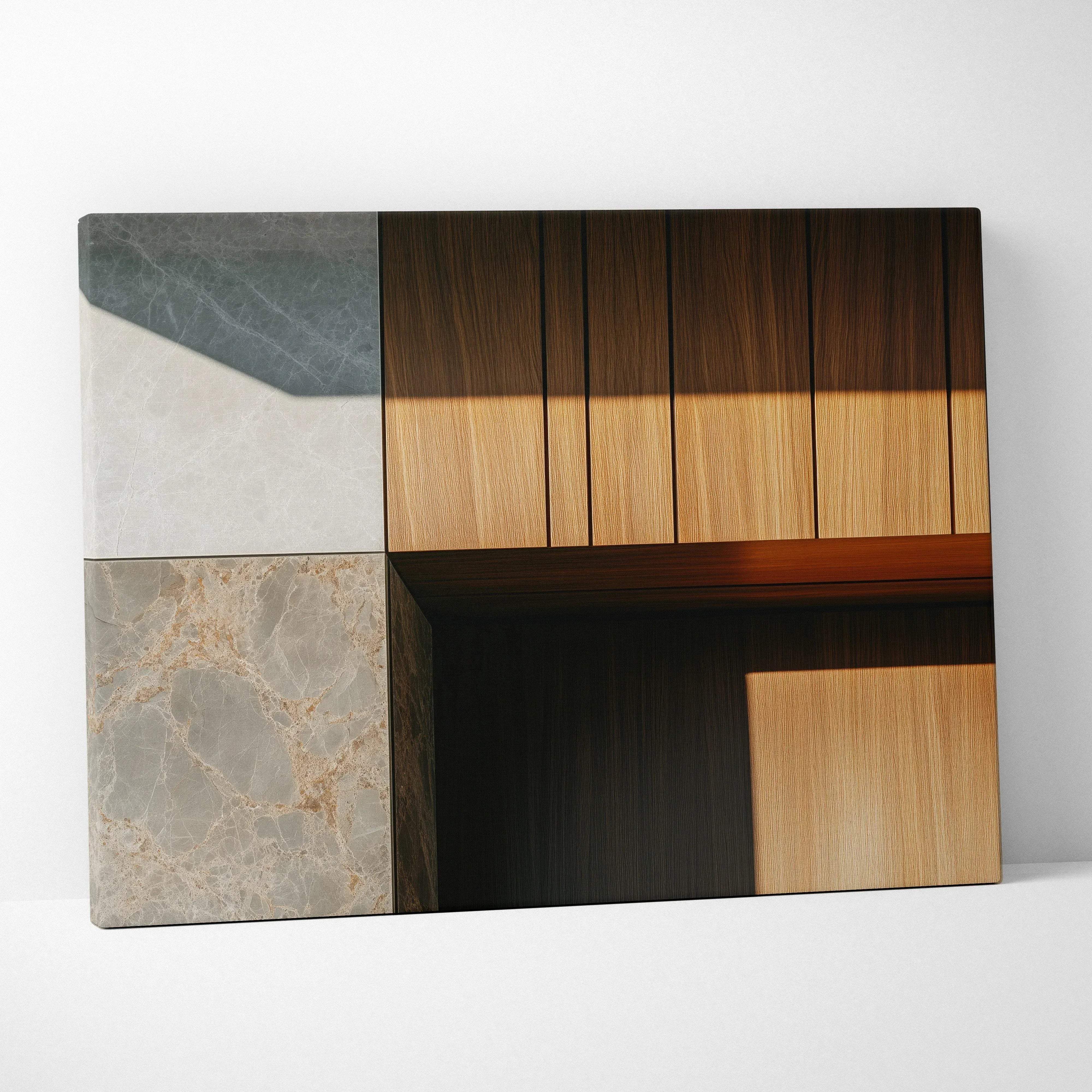 Modern minimalist wall-mounted cabinet with dark wood grain light oak and marble textures in neutral tones for interior design