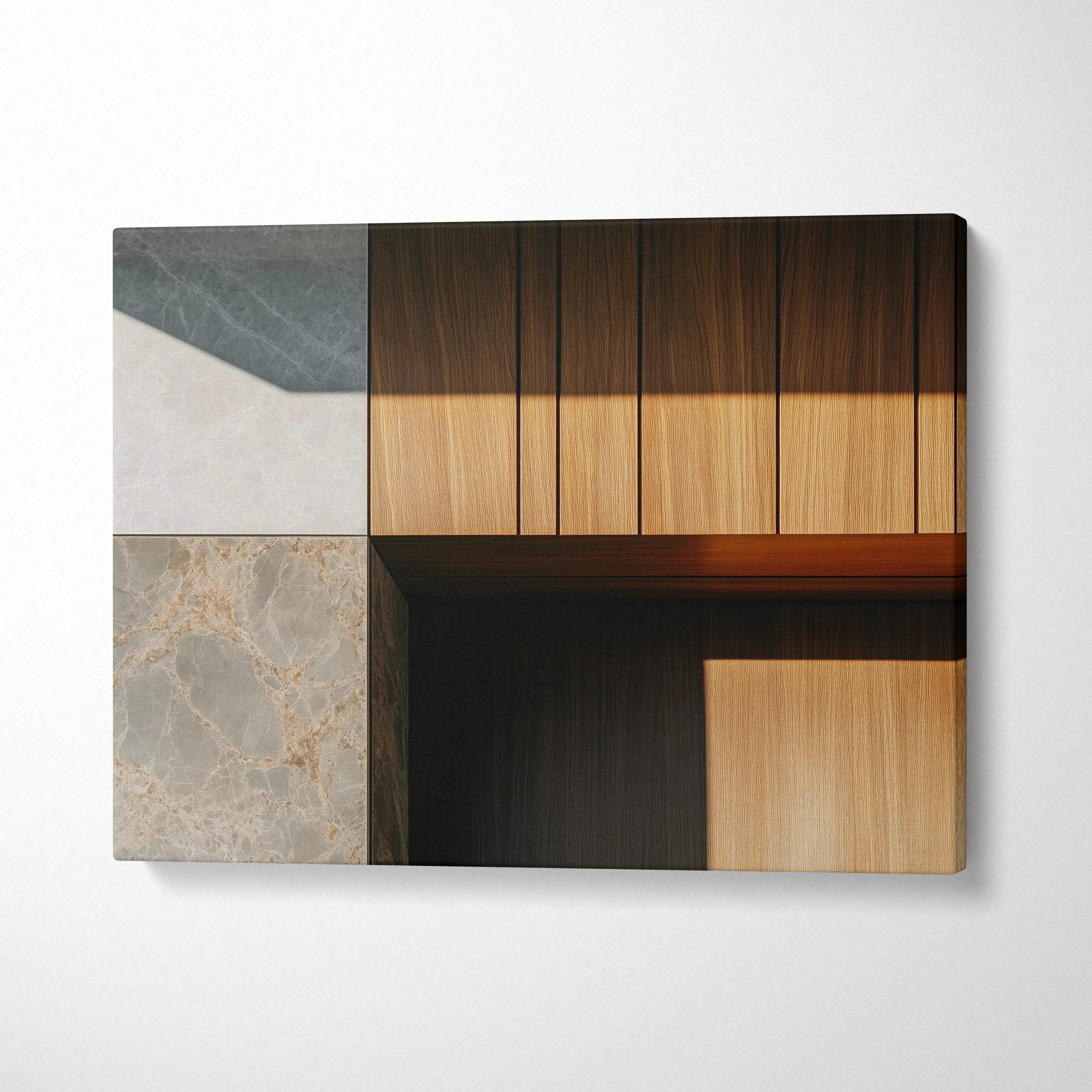 Minimalist forest theme canvas wall art with geometric wood and stone textures in warm tones decor.