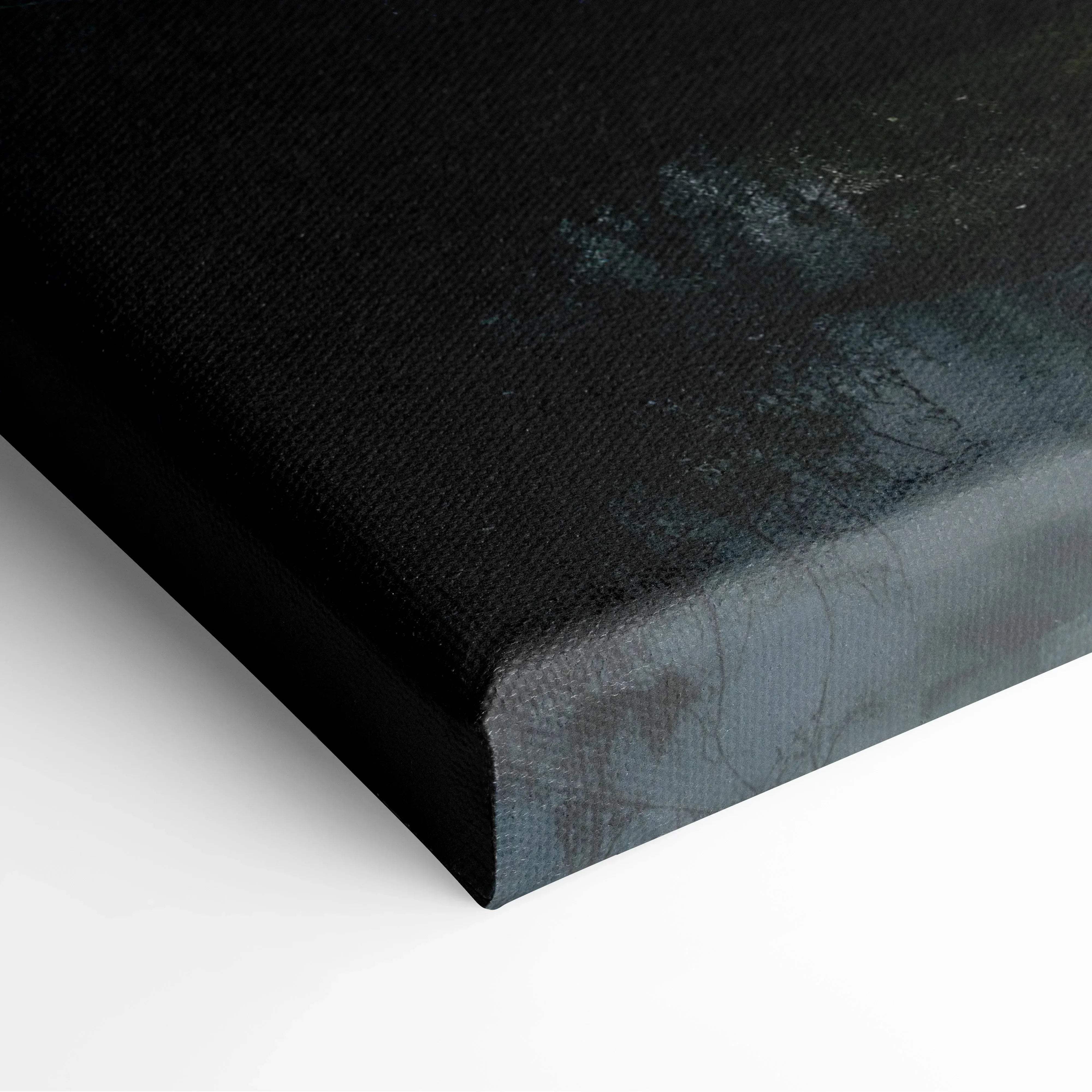 Black canvas art with textured abstract brushstrokes in deep charcoal and muted gray tones for misty forest morning decor