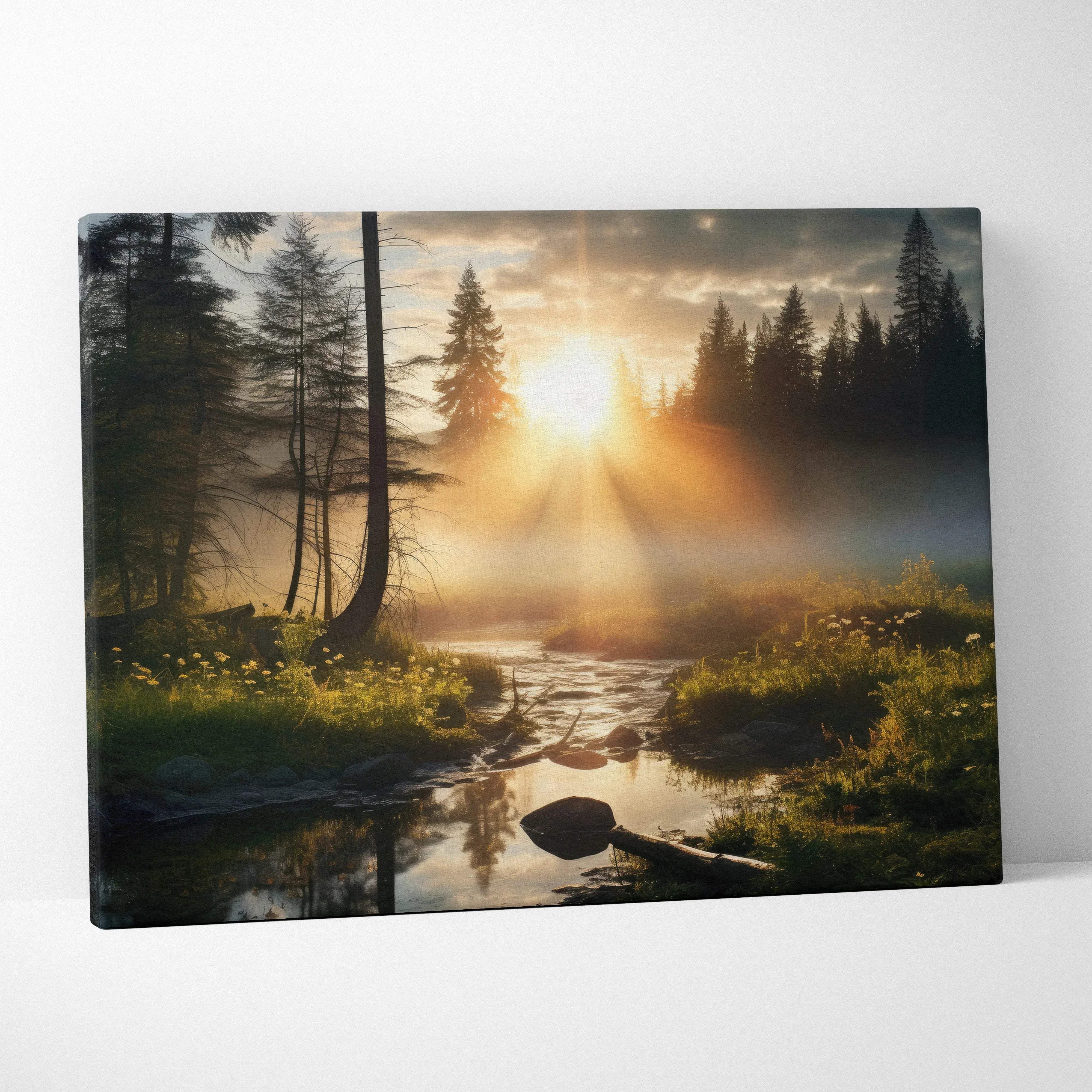 Rectangular canvas wall art showing a misty forest stream at sunrise with golden light through pine trees and reflections
