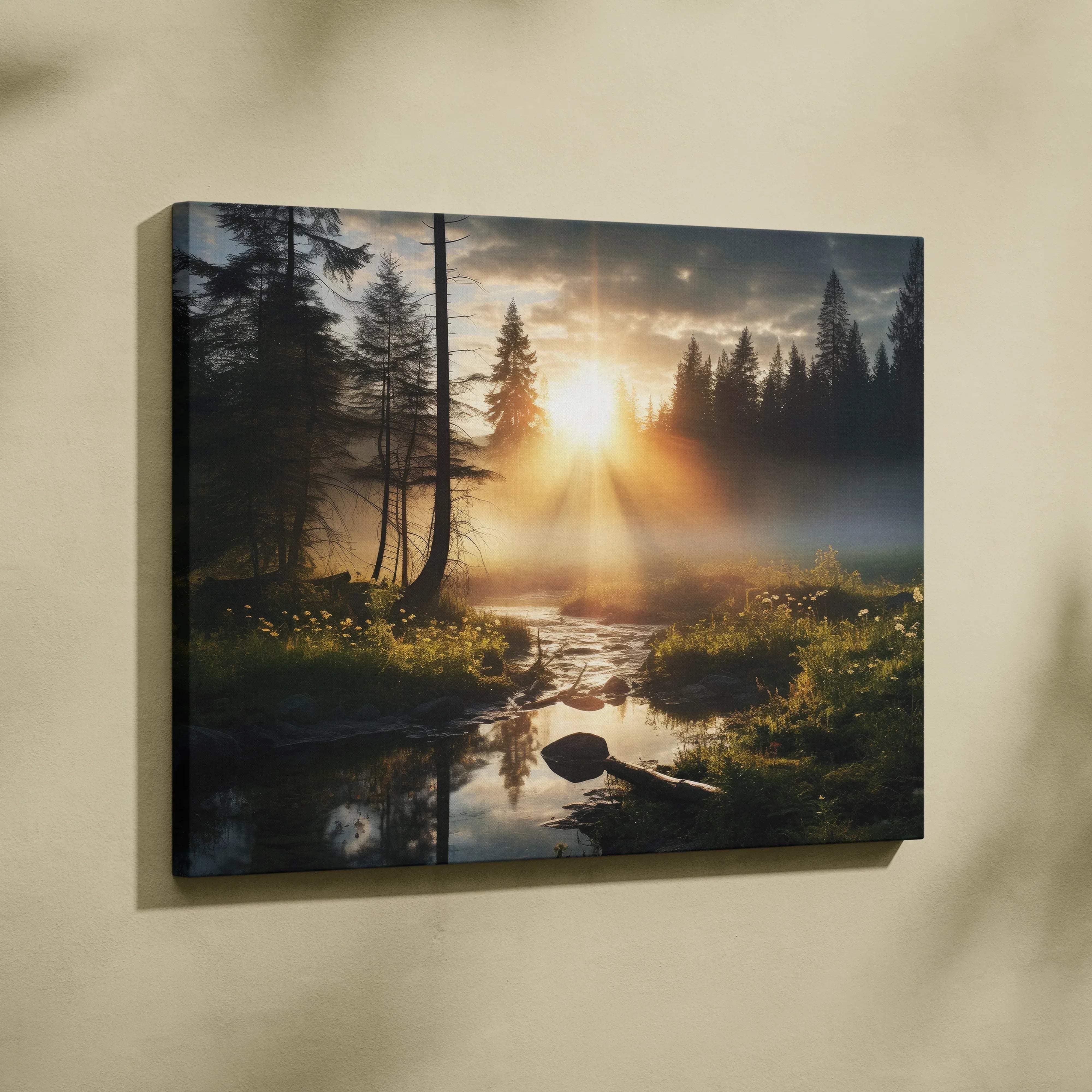 A framed canvas wall art depicting a misty forest morning with golden sunrise rays over a tranquil pine creek