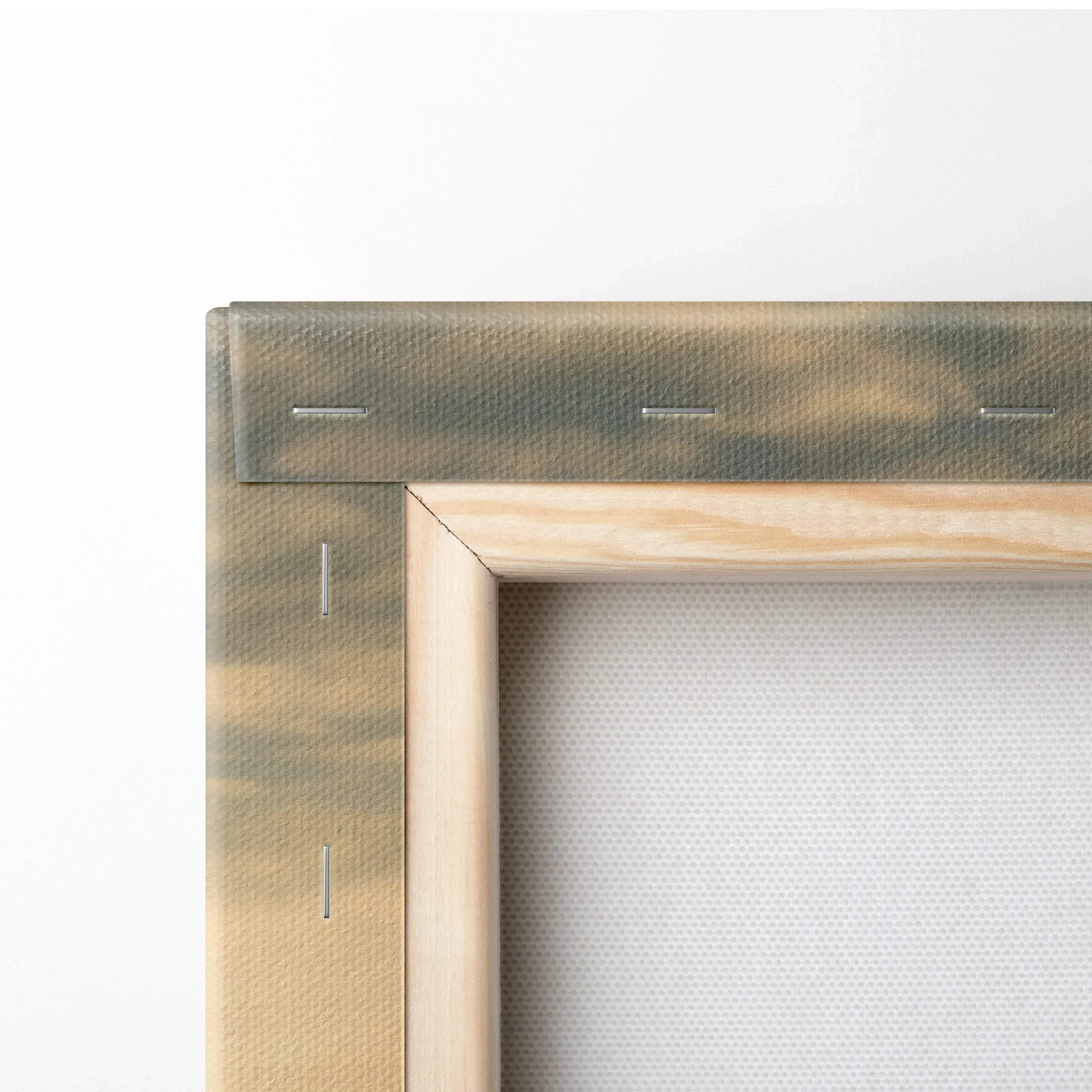 Light-colored wooden canvas frame with a textured earth-toned fabric border and visible stitching for autumn landscape art