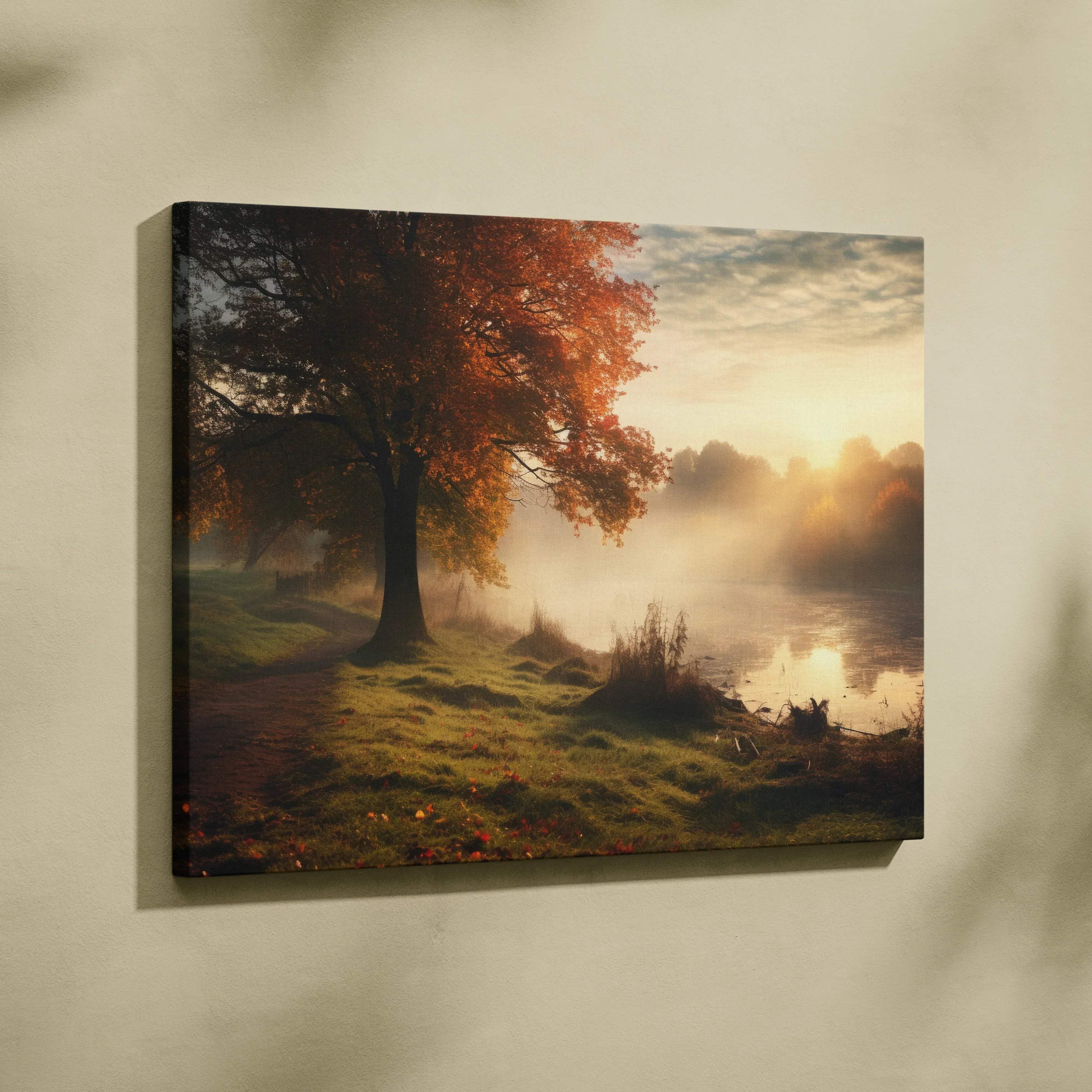 A canvas print of a serene autumn landscape with vibrant orange and red leaves by a foggy river in golden sunlight