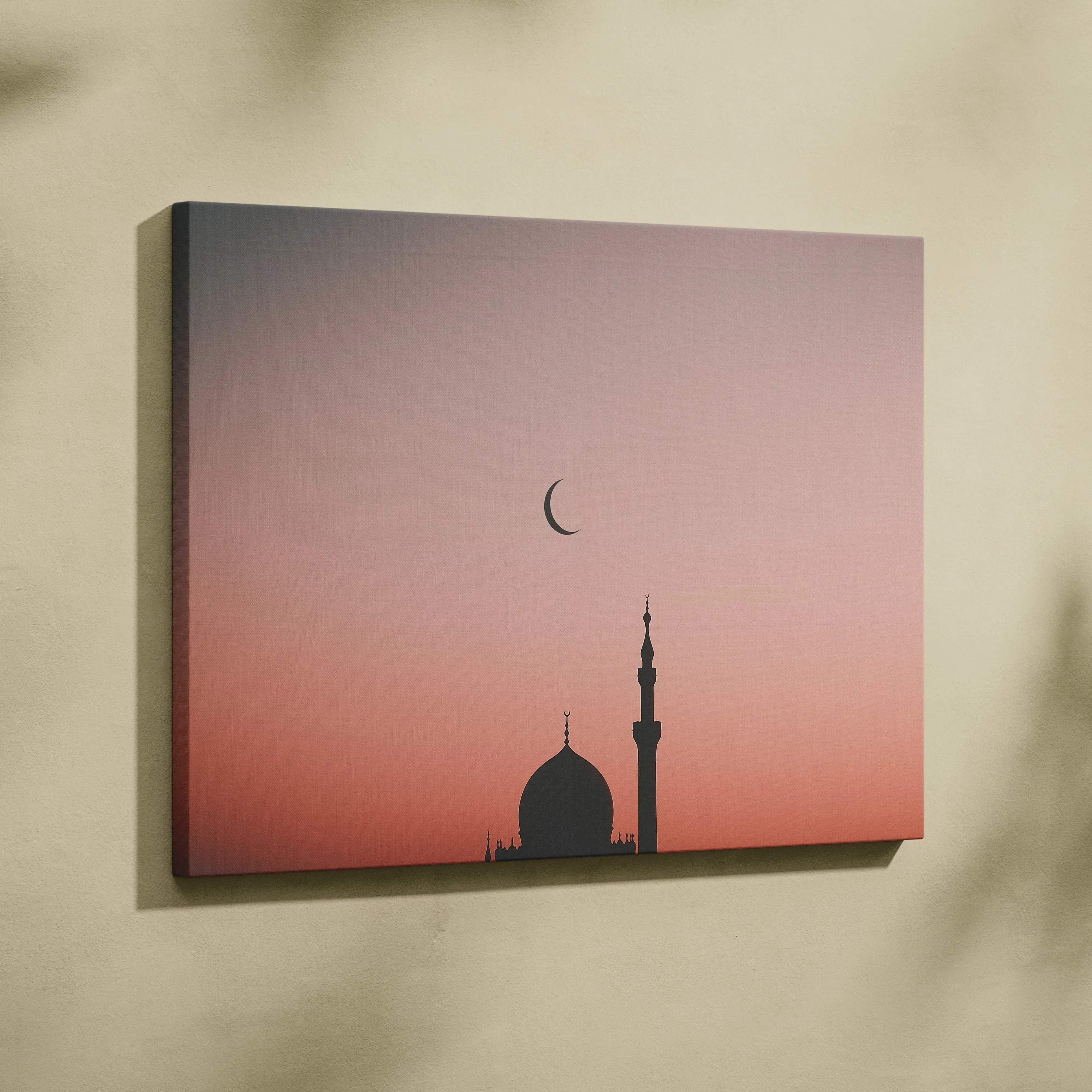 Rectangular canvas wall art featuring a minimalist mosque silhouette with peach sunset gradient for home decor