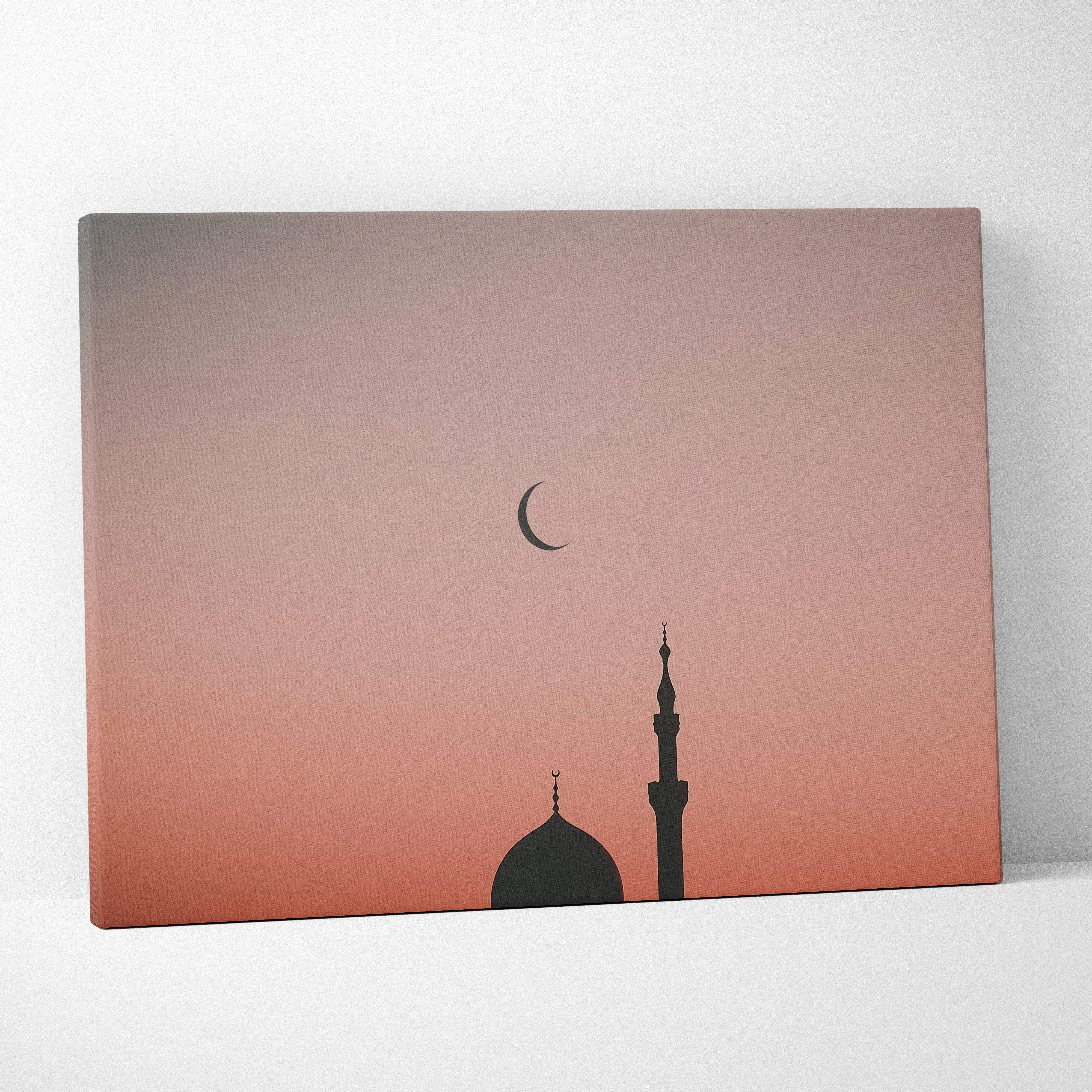 Minimalist mosque silhouette peach sunset gradient canvas wall art featuring dome and minaret for home decor