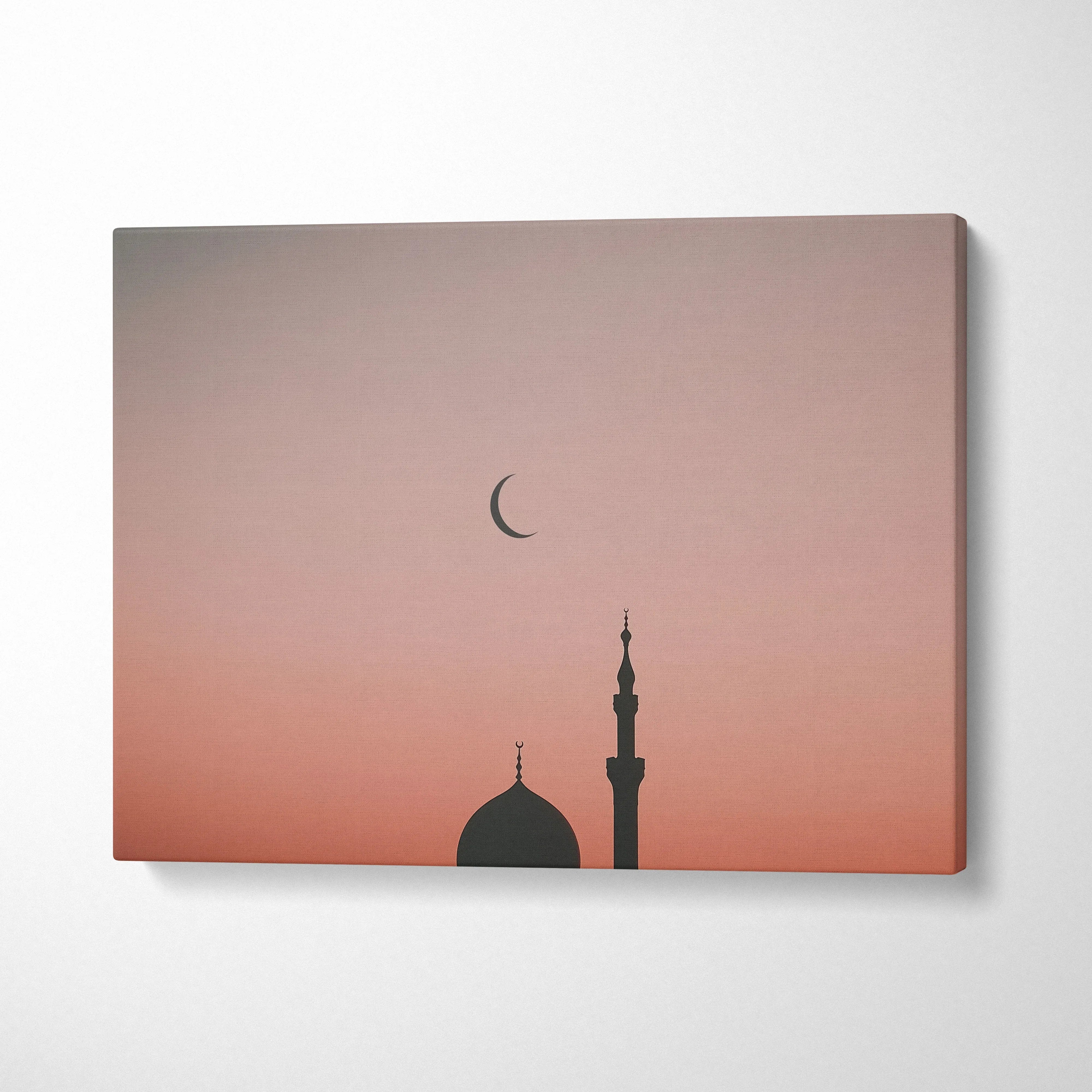Minimalist mosque silhouette with crescent moon on warm gradient sky canvas wall art decor.