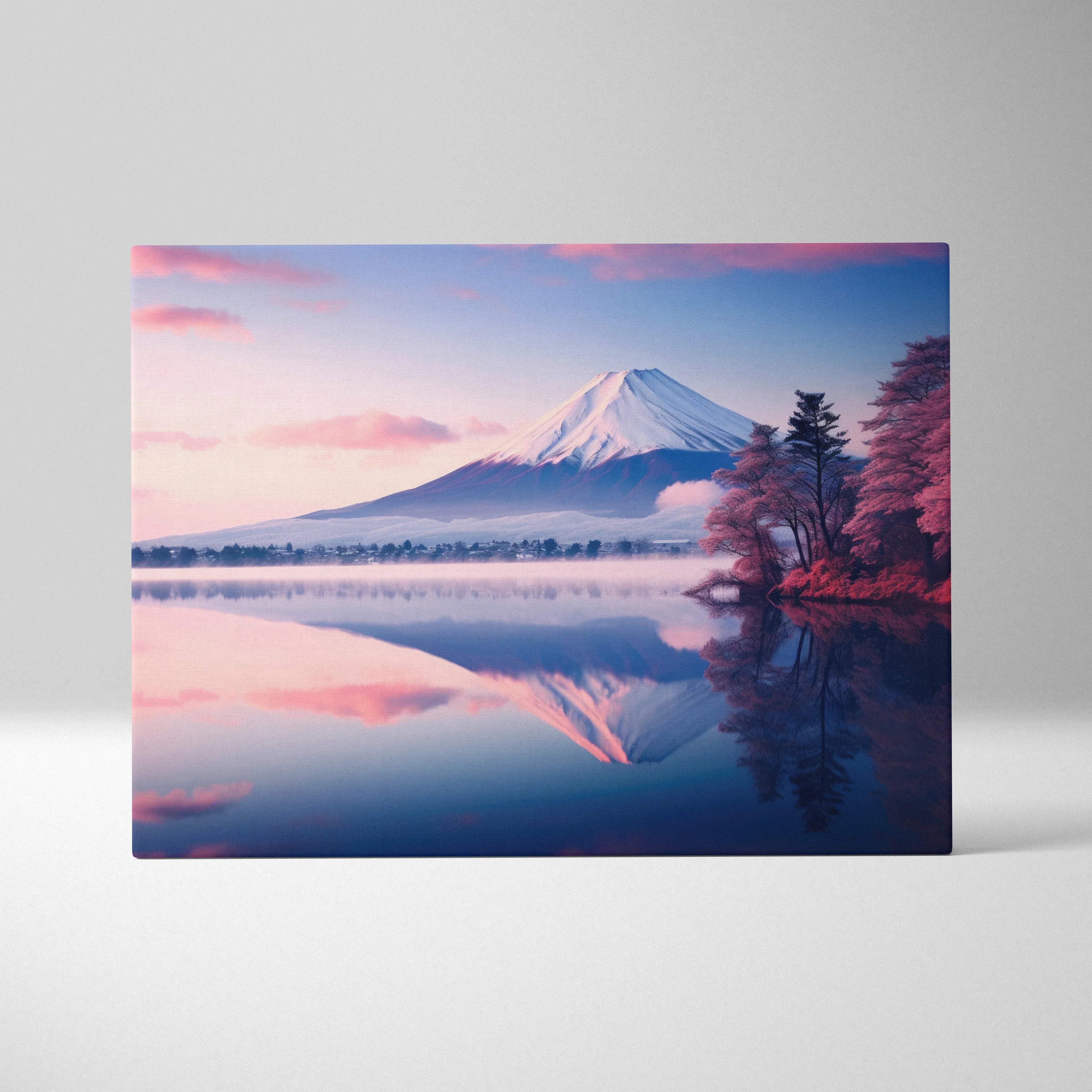 Serene Mount Fuji canvas wall art with pink blue dawn reflections