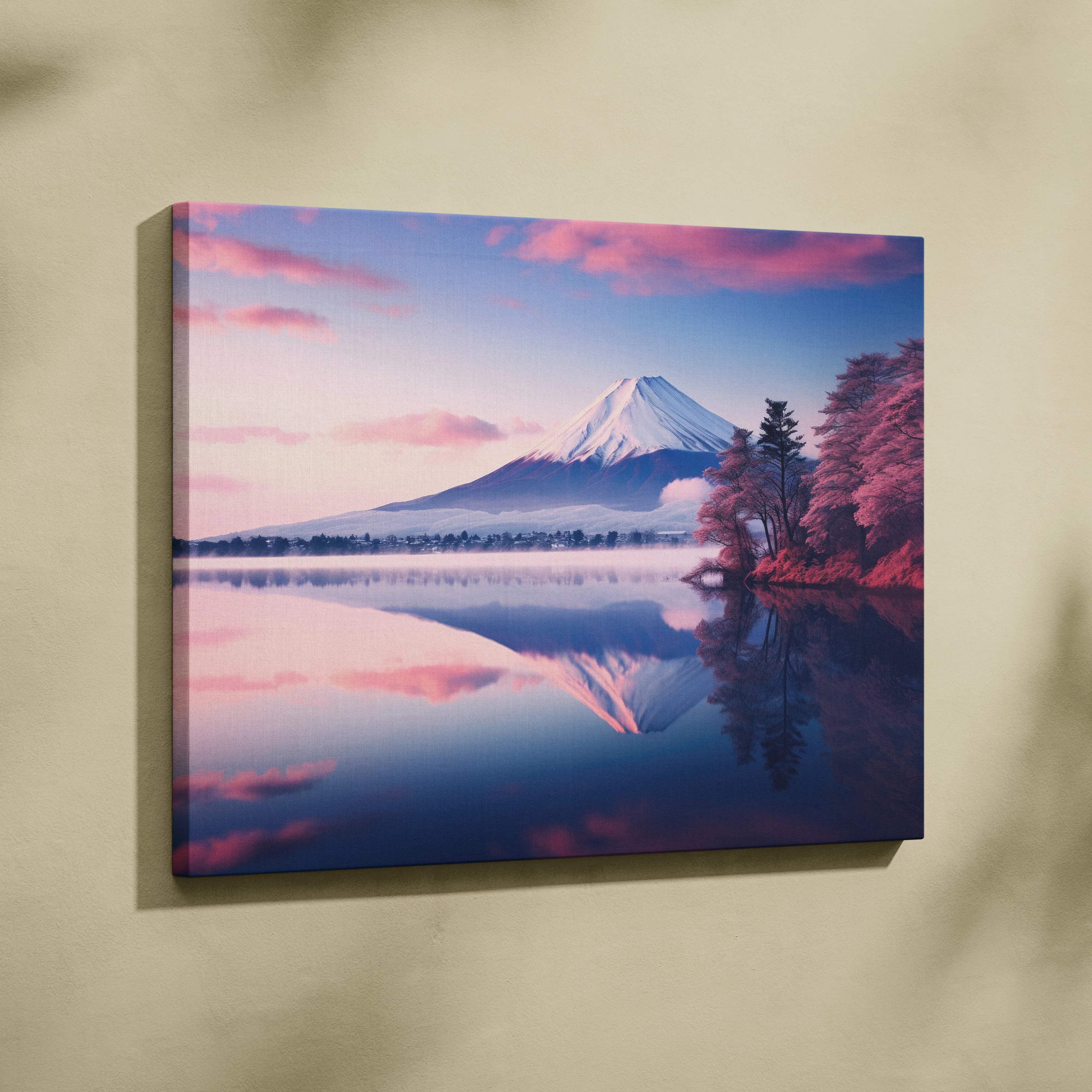 Serene Mount Fuji canvas wall art with pink purple dawn skies in calm waters