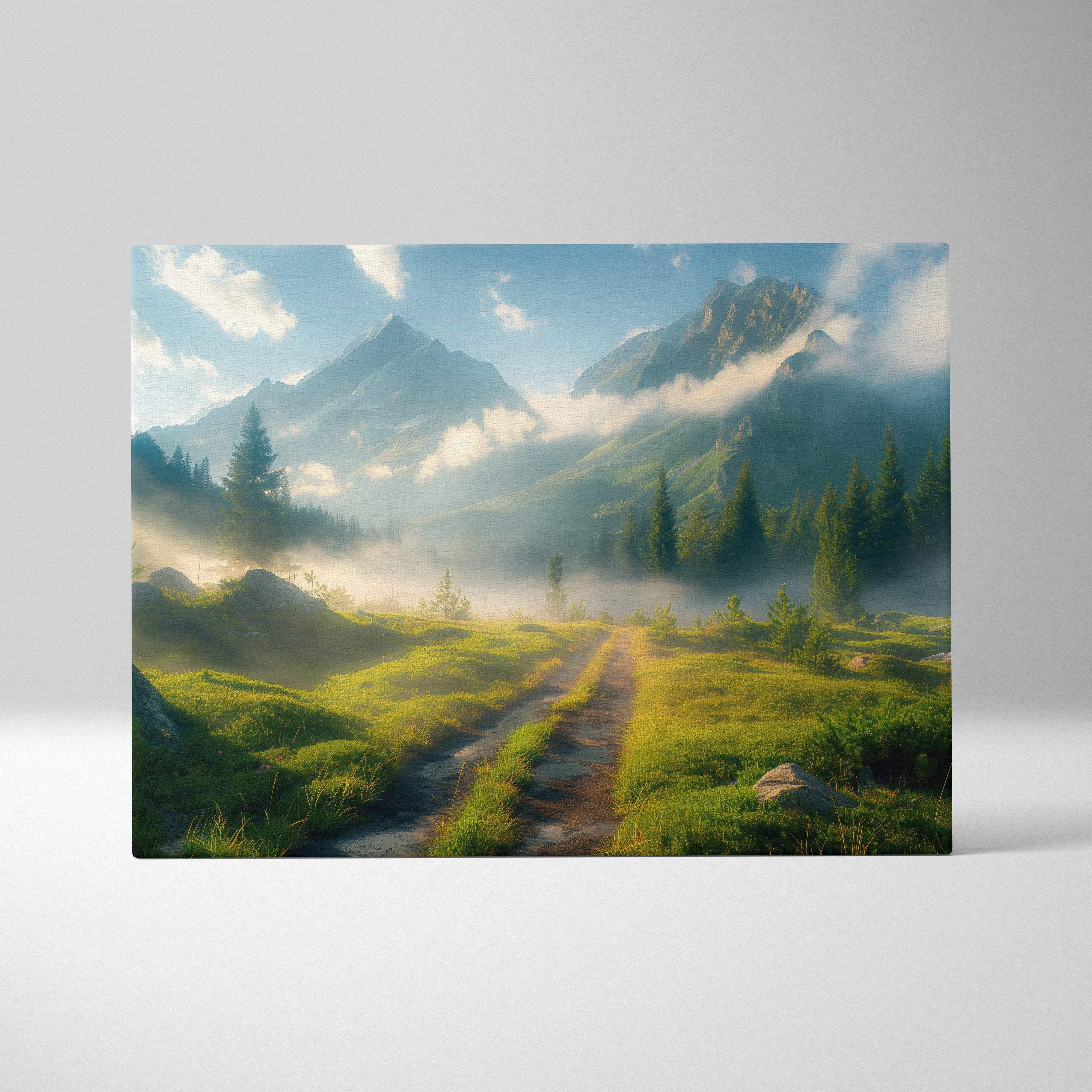 Mountain meadow in morning fog canvas wall art with misty peaks