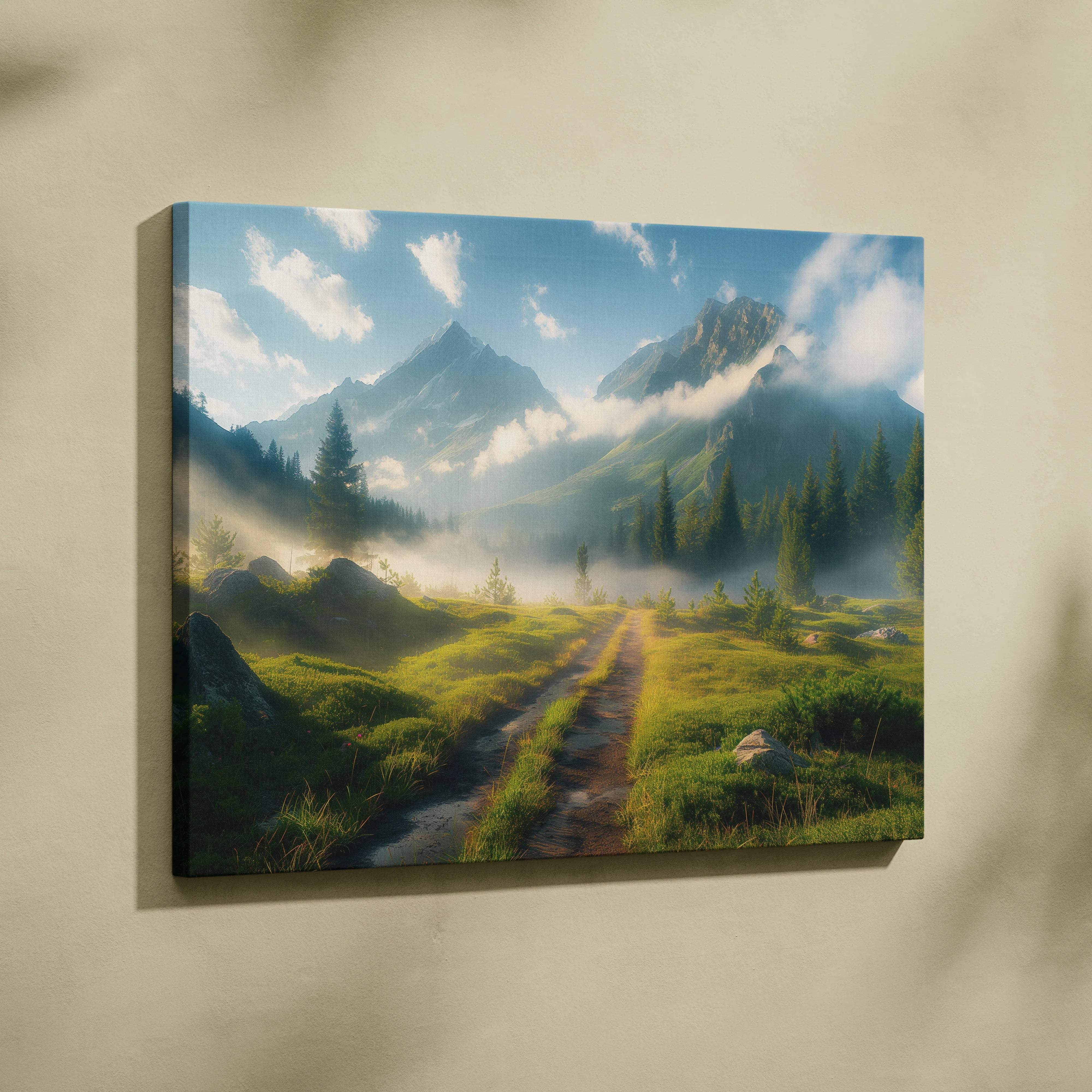 Canvas print of misty mountain meadow in morning fog with path and pines