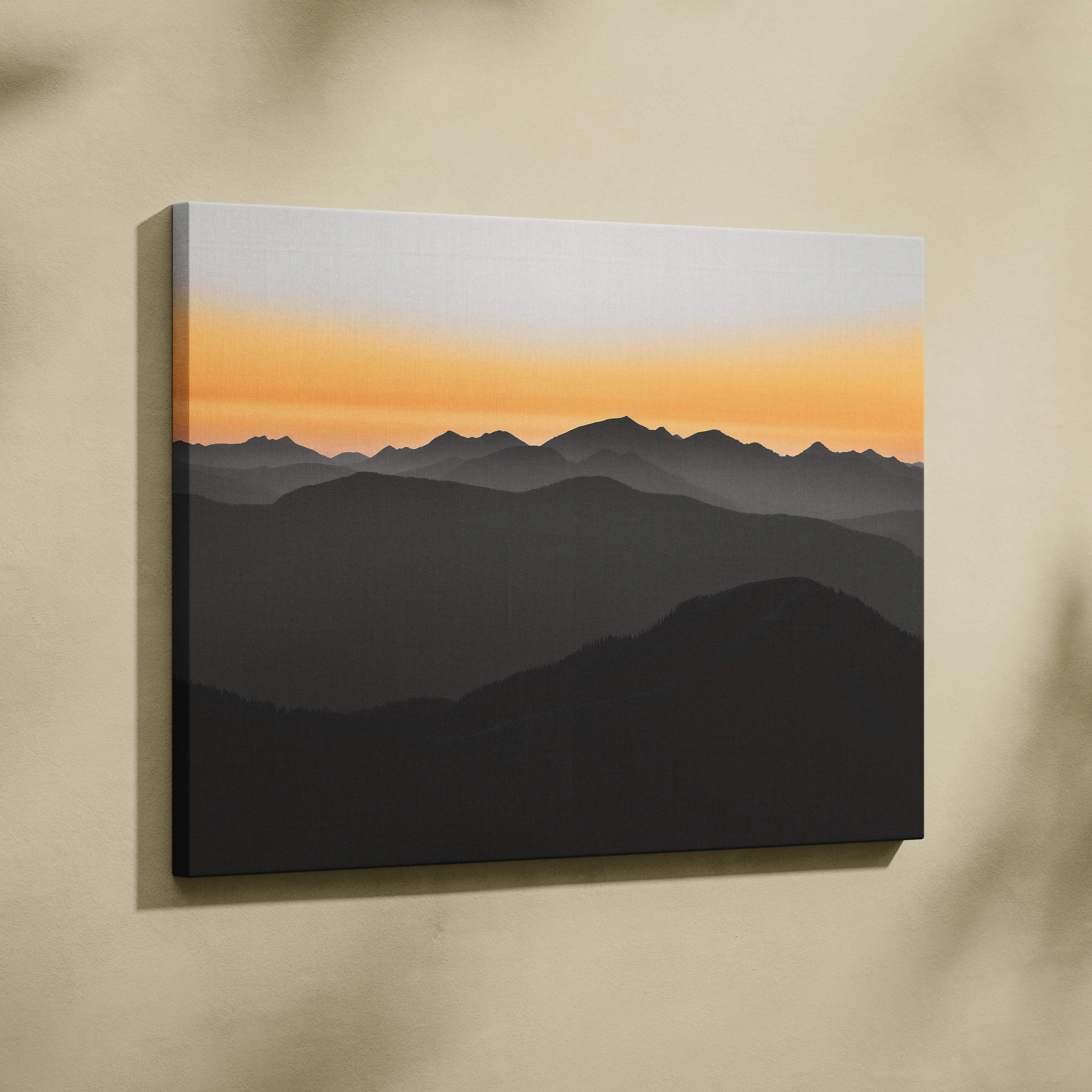 Minimalist layered mountain landscape canvas wall art with orange to gray sunset gradient