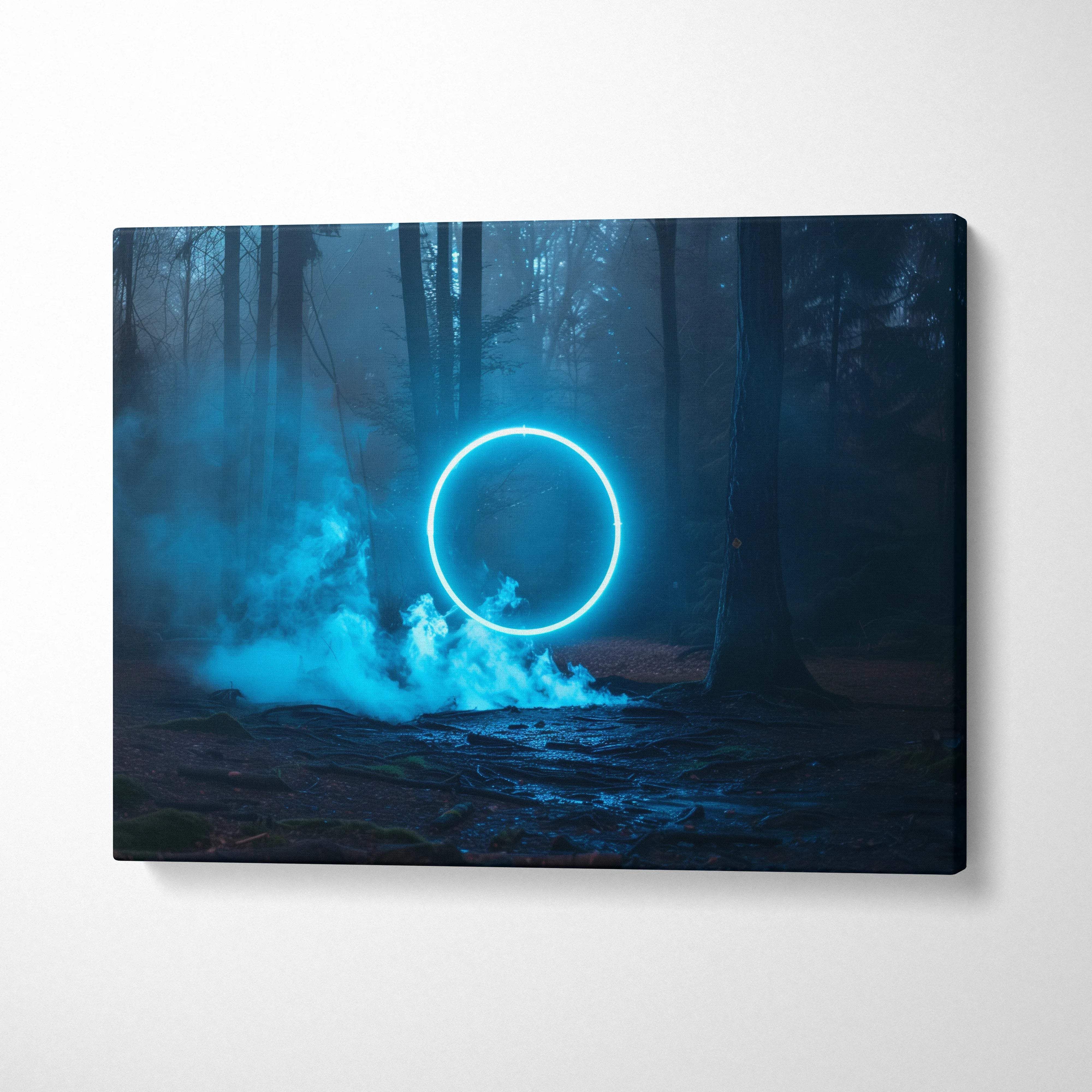 Canvas wall art of glowing blue ring in misty dark forest night