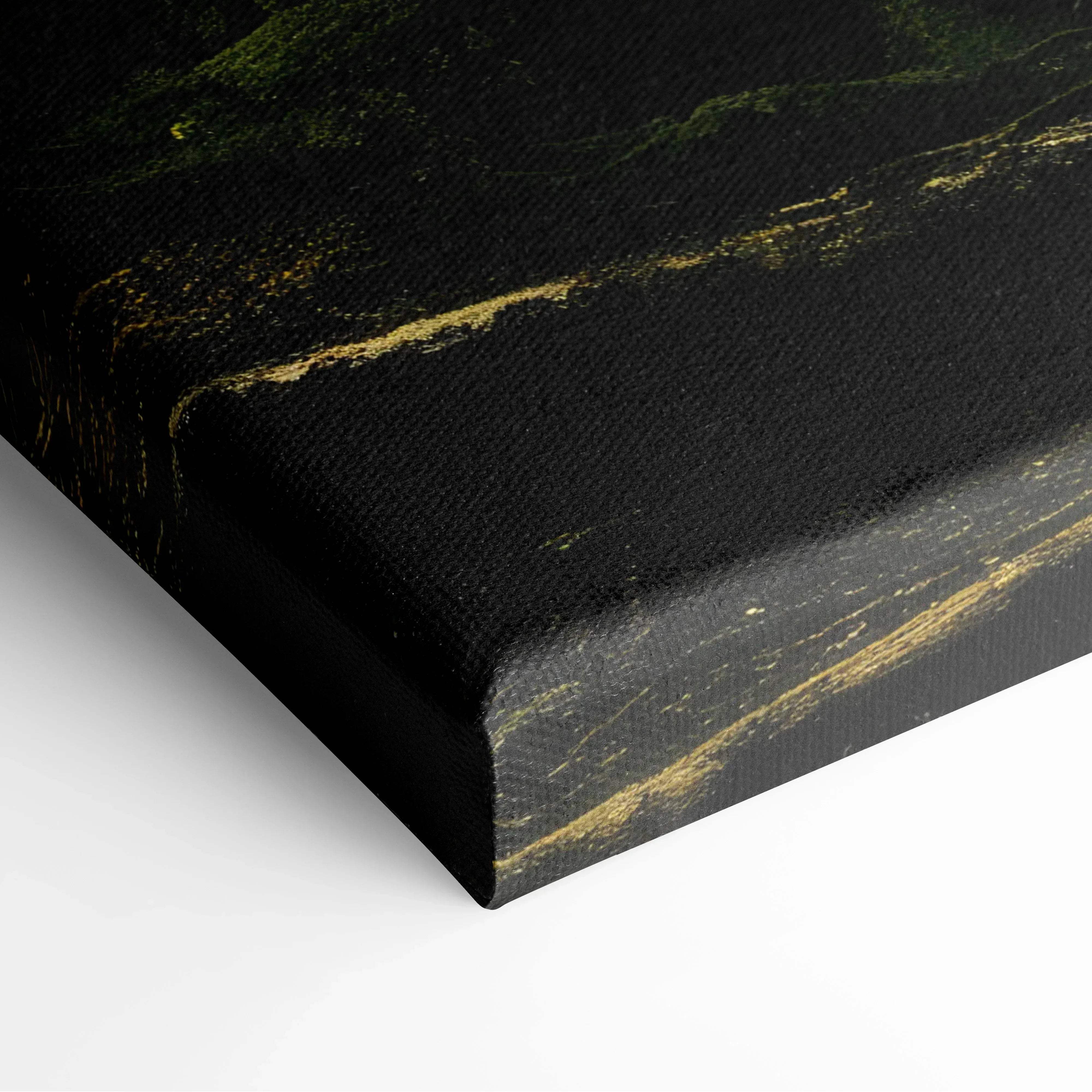 Black canvas print with gold and green abstract marbling in mystic foggy forest canvas wall art design