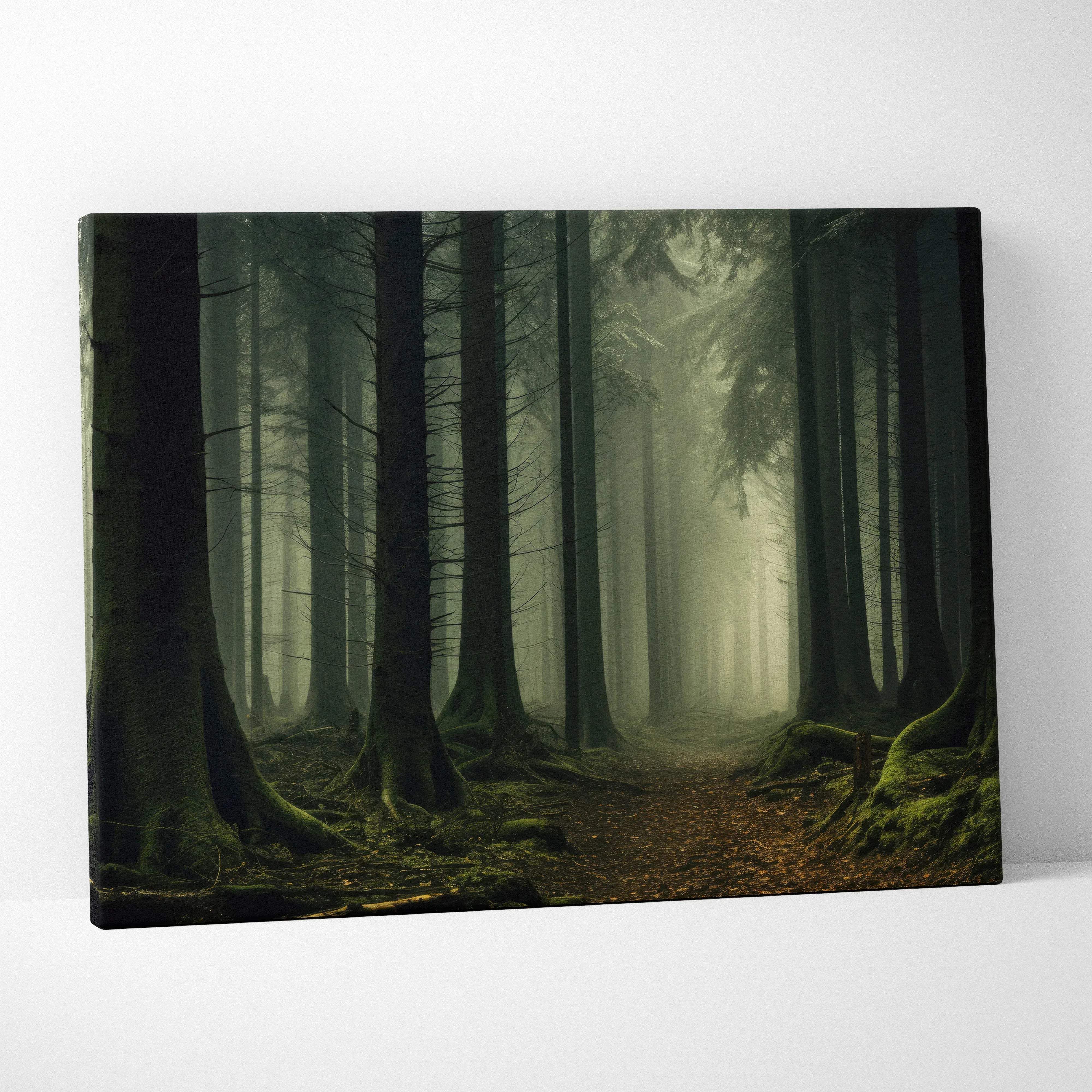 Mystic foggy forest canvas wall art featuring tall dark trees and mossy roots in a serene green woodland scene
