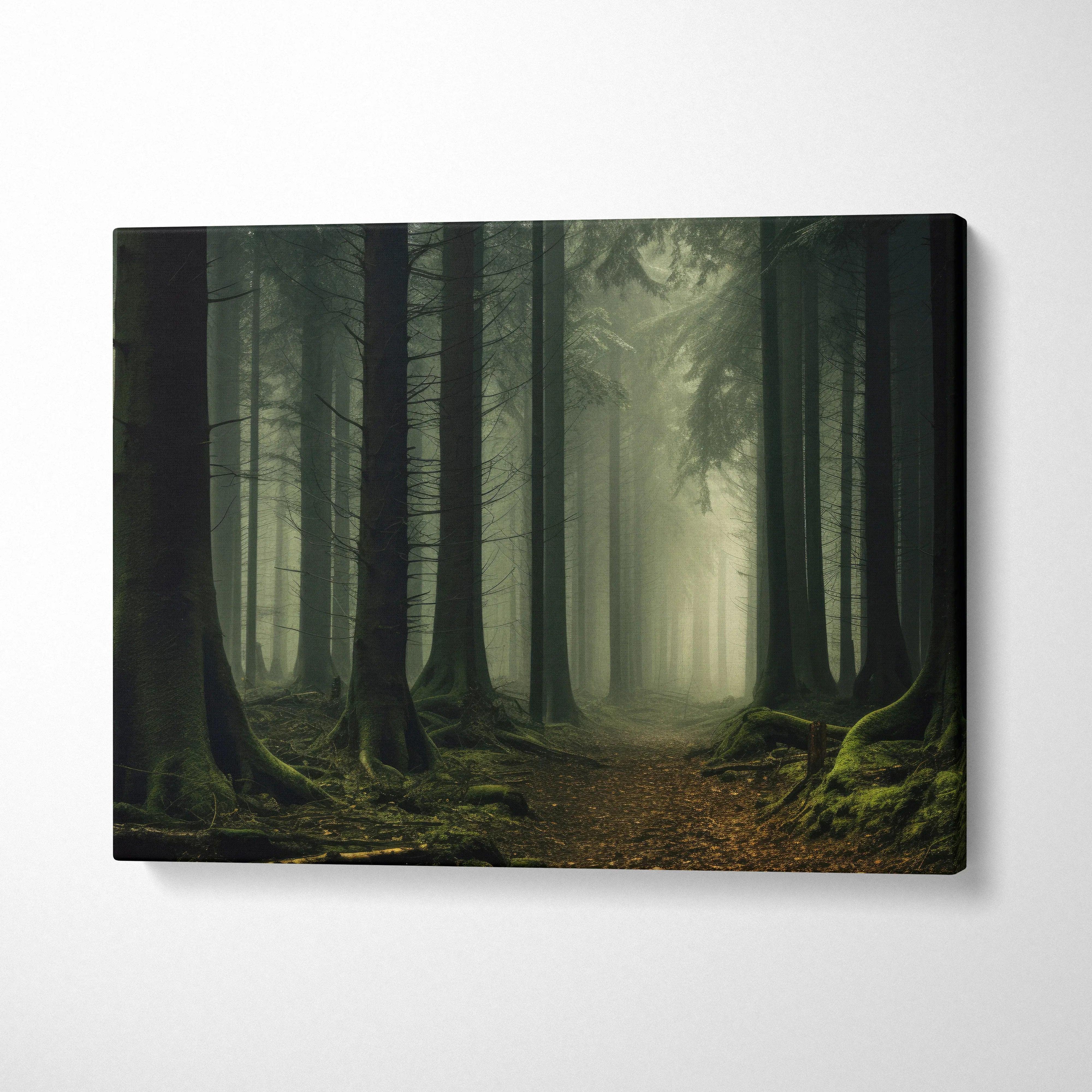 Foggy forest scene with mist shrouded trees on canvas wall art decor.