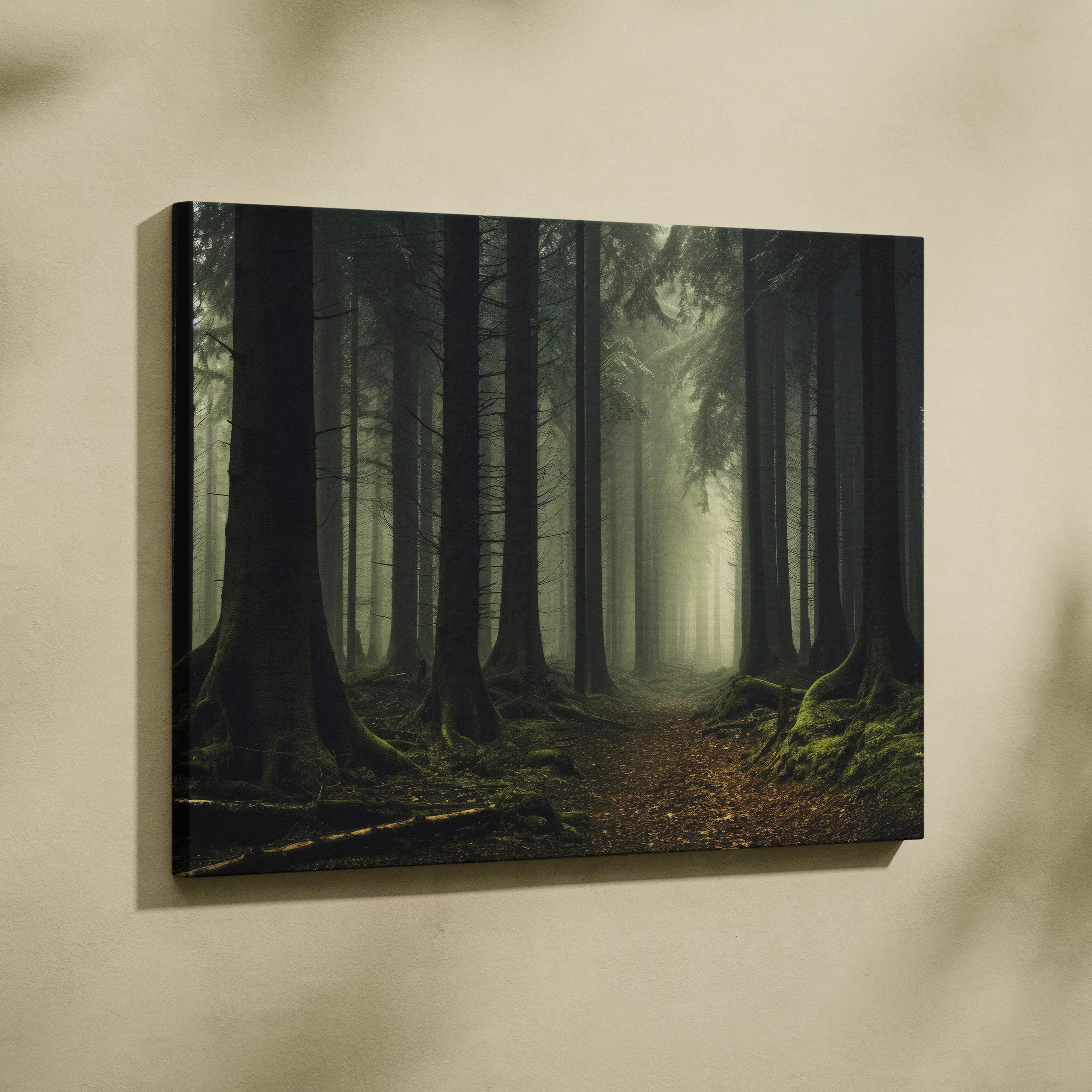 Mystic foggy forest canvas wall art with mist shrouded tall dark trees and mossy ground mounted on light wall