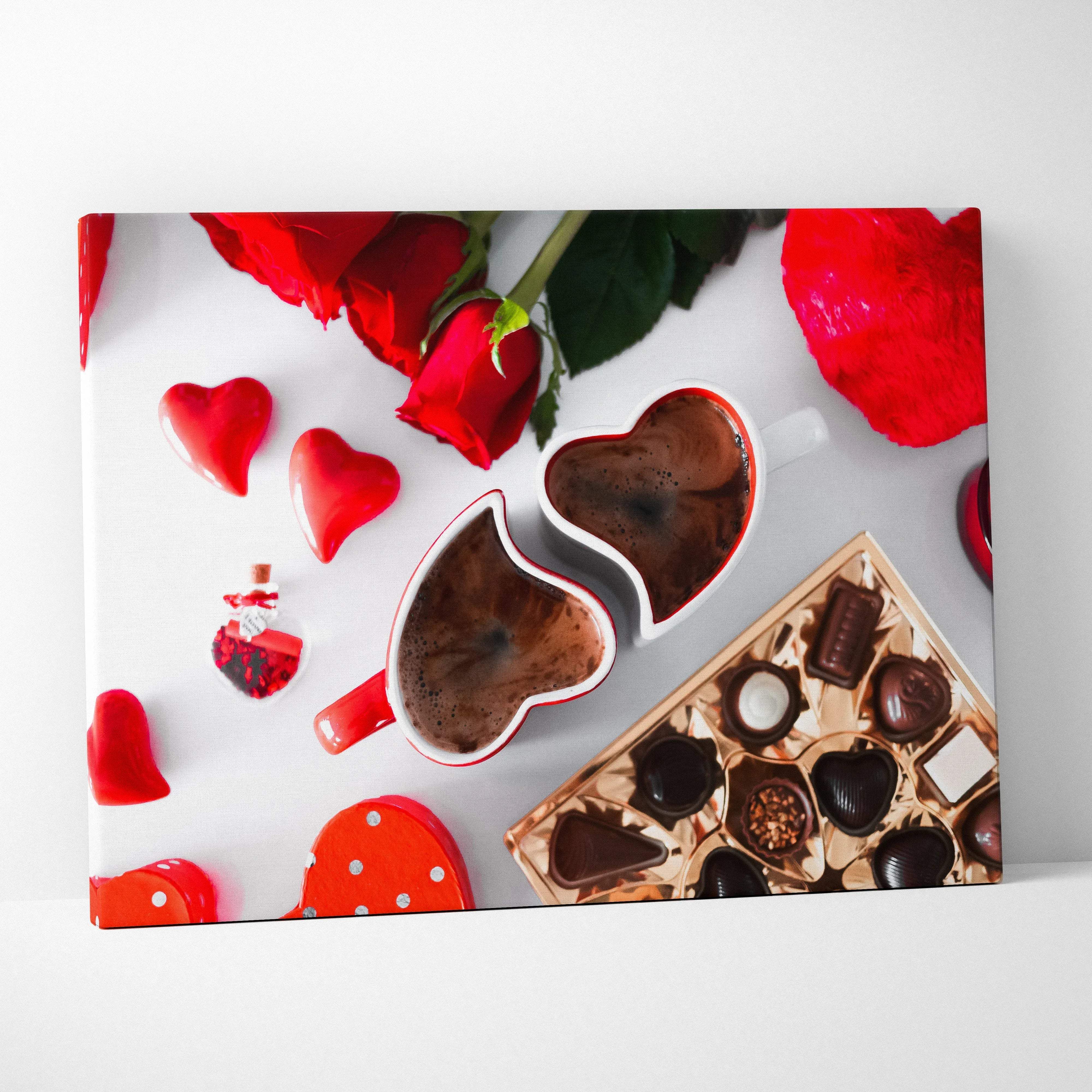 Romantic chocolate and roses canvas wall art featuring red heart shaped mugs with white rims filled with hot chocolate