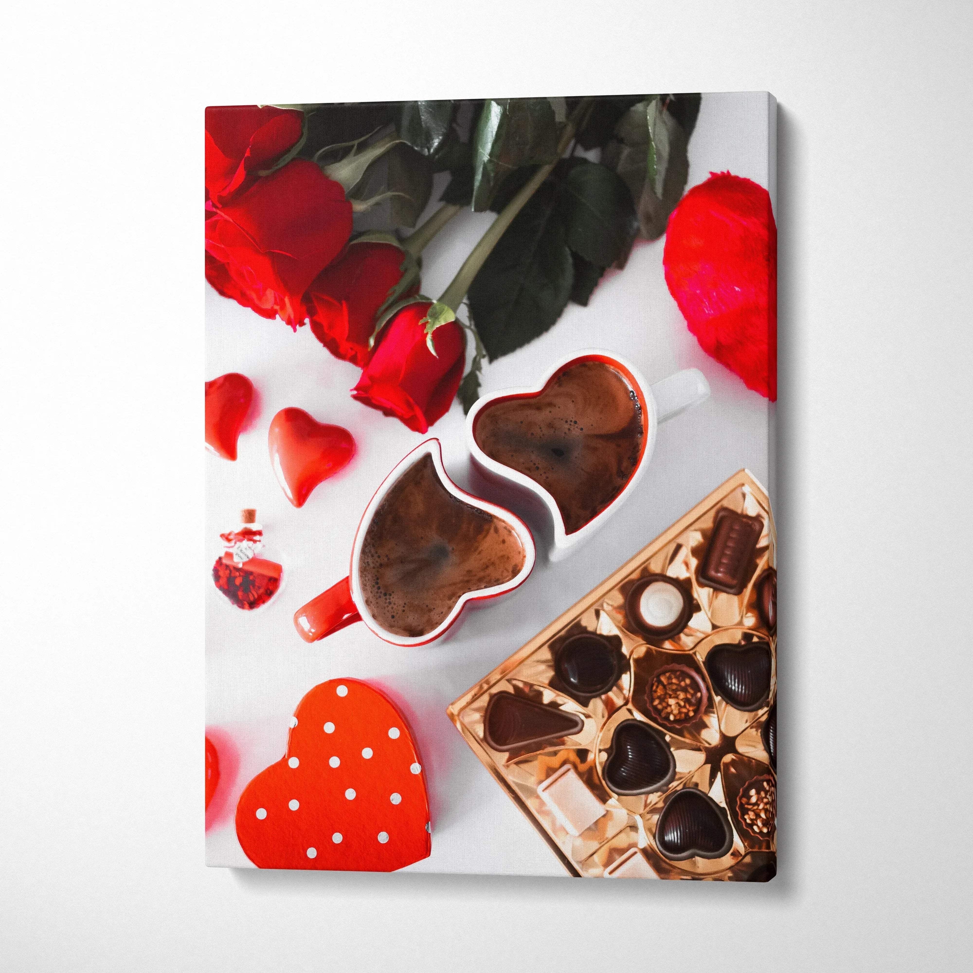 Vertical canvas wall art featuring romantic chocolate hearts and red decorative accents for home decor.