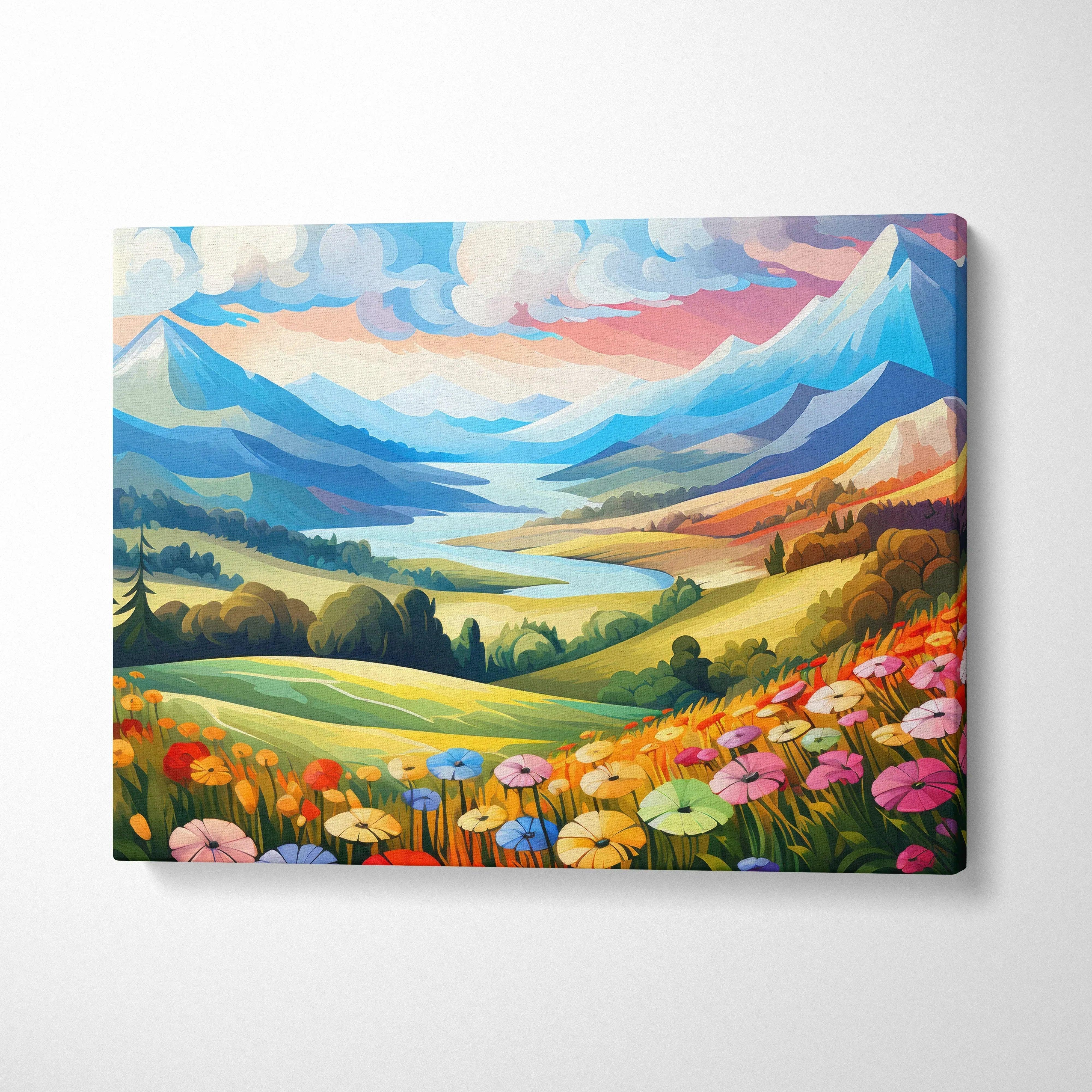Colorful floral field with mountain and sunset glow on canvas wall art decor.