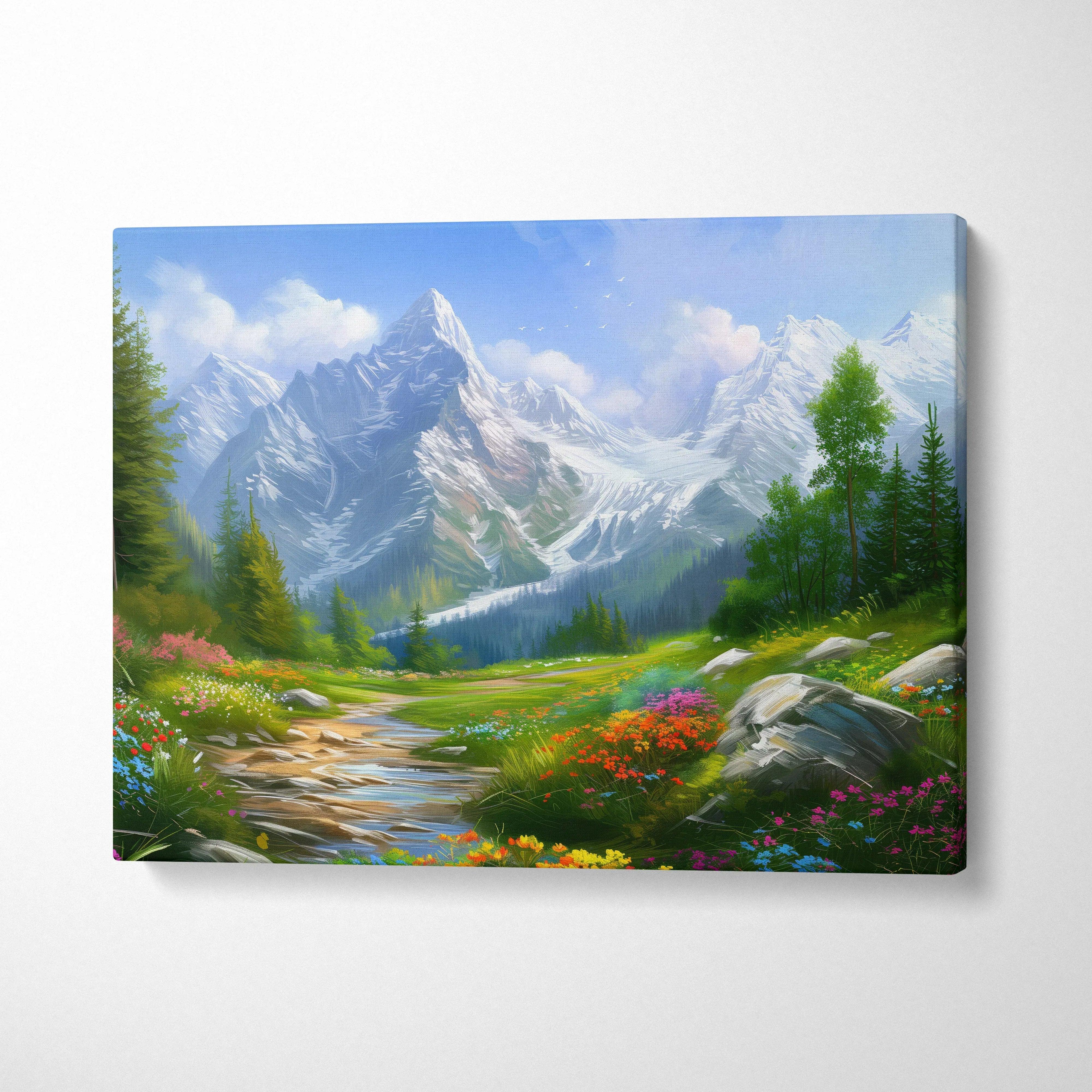 Floral mountains sunset nature scene canvas wall art with vibrant wildflowers and pine trees.