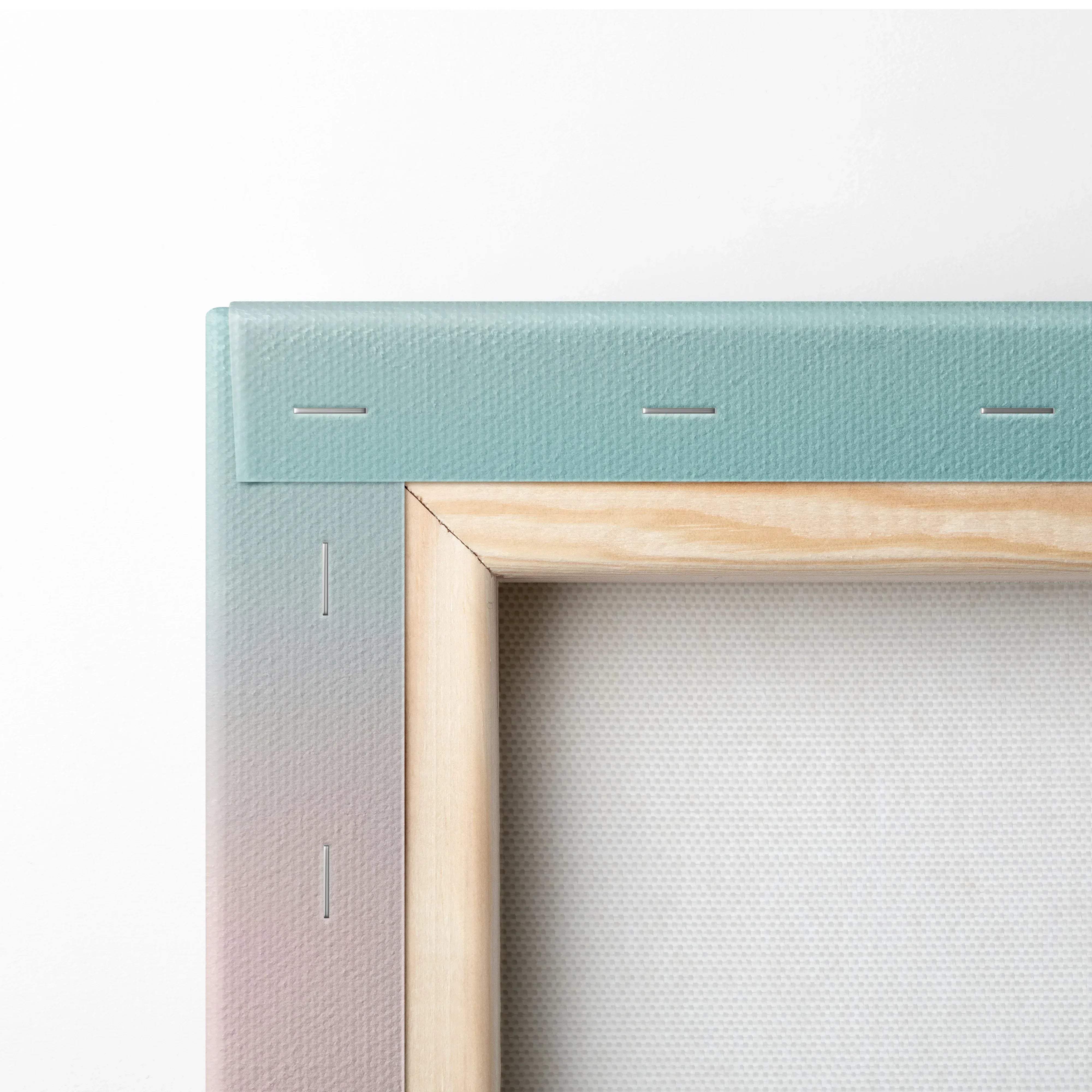 A mint green canvas frame with a light wood border and stitching showcasing minimalist palm tree silhouette wall art