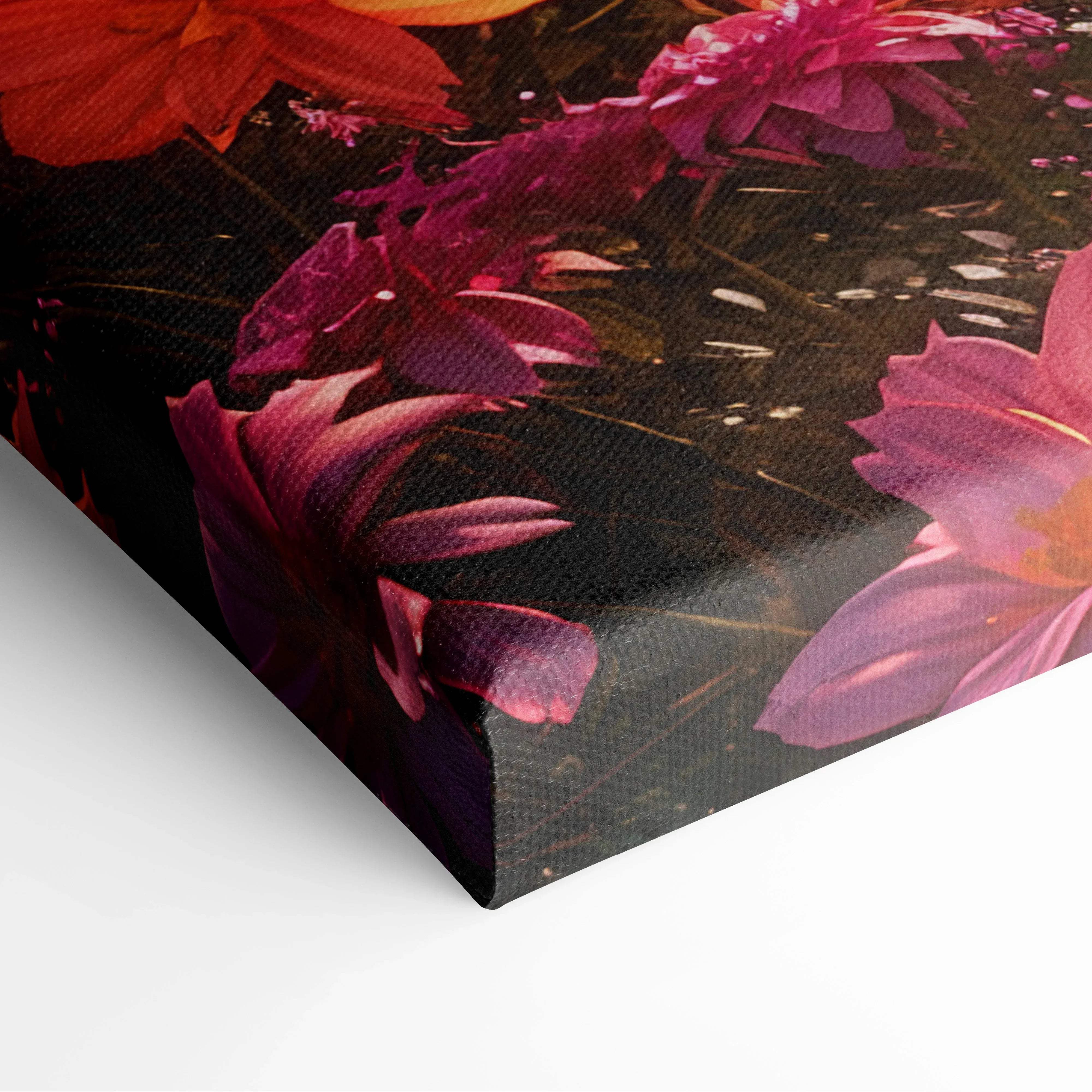 Romantic floral cherry blossom canvas wall art with bold magenta and orange flowers on dark textured background
