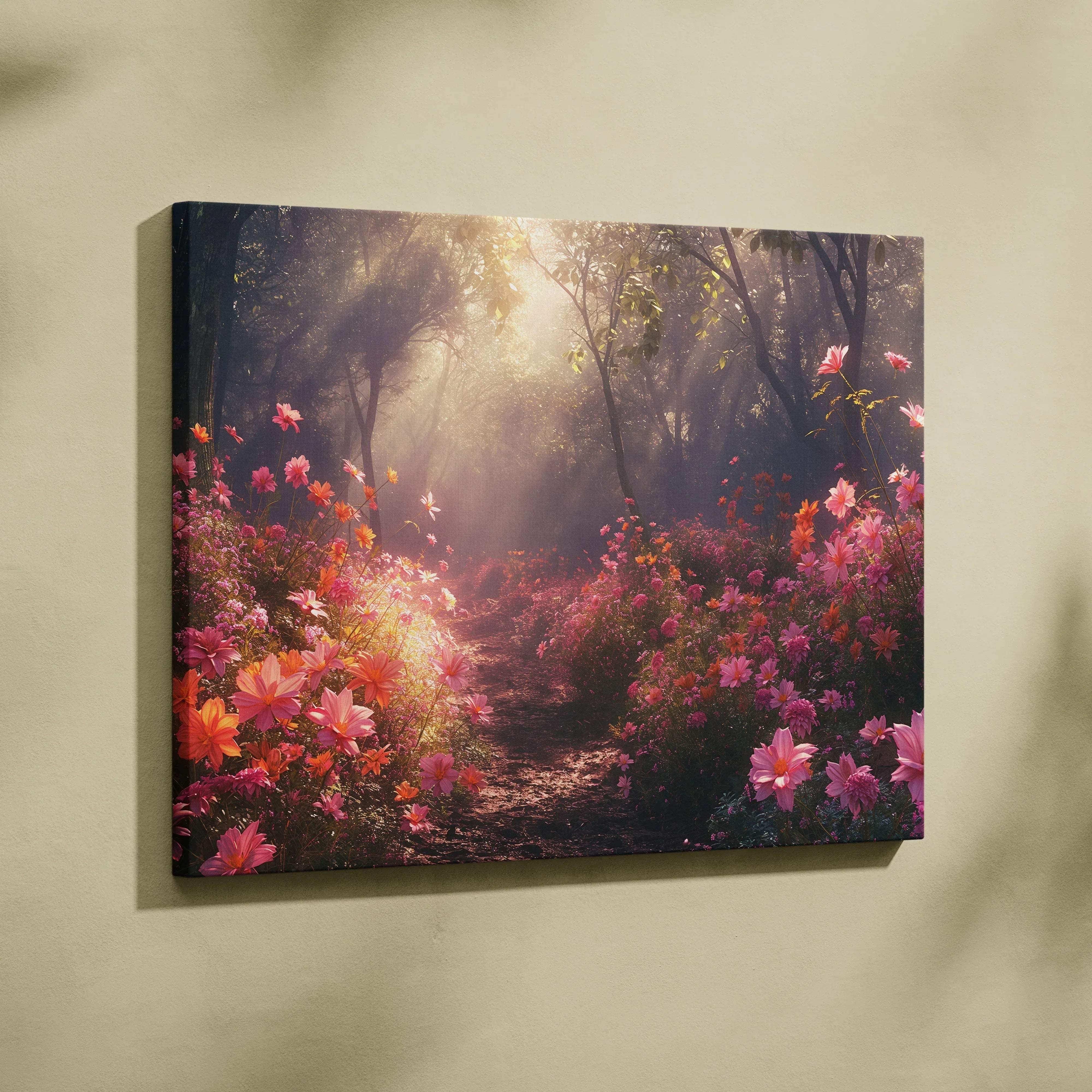 A rectangular canvas print of a sunlit forest path with warm pink and orange floral hues mounted on a light wall