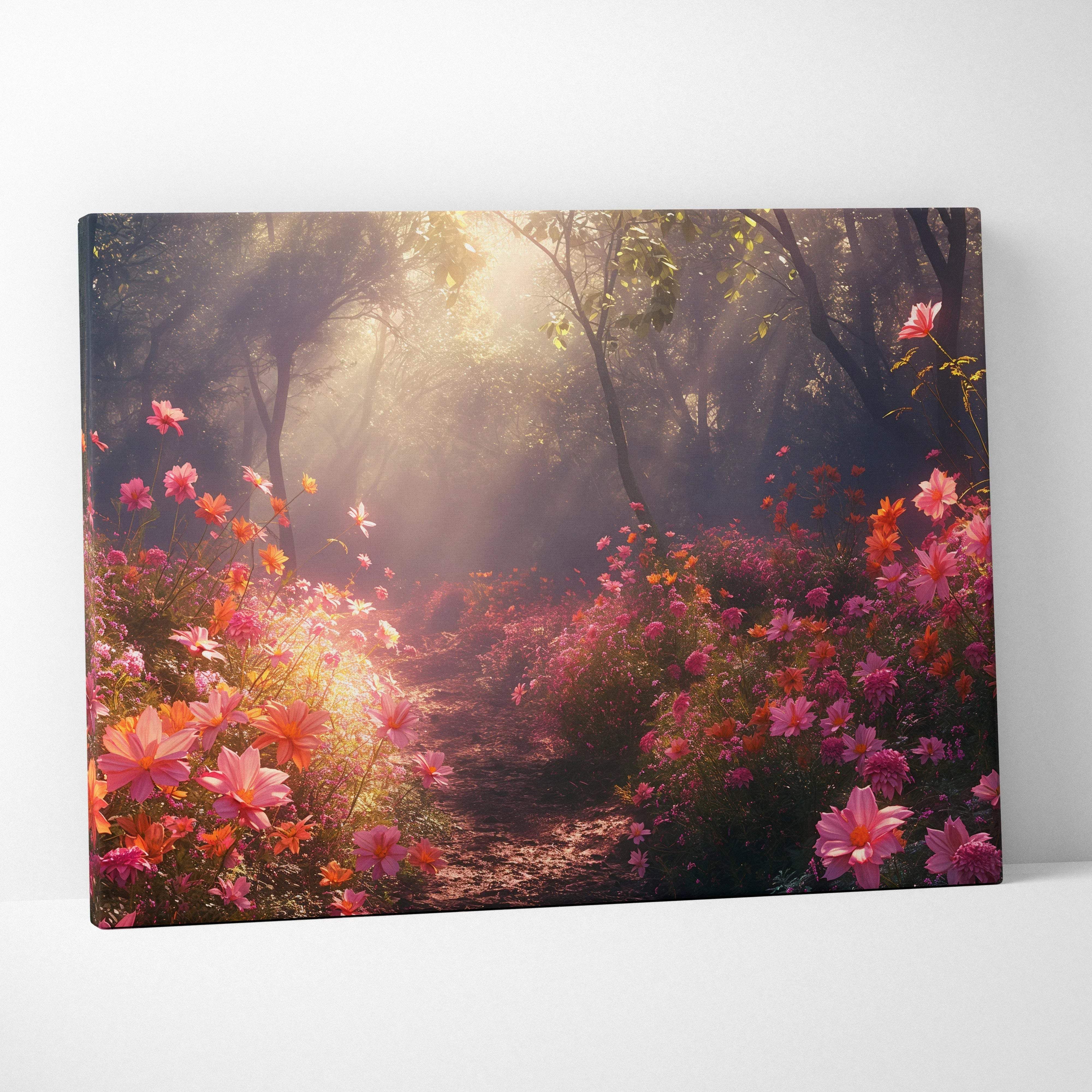 Rectangular canvas wall art of a sunlit forest path with vibrant pink and orange cosmos flowers in warm hues