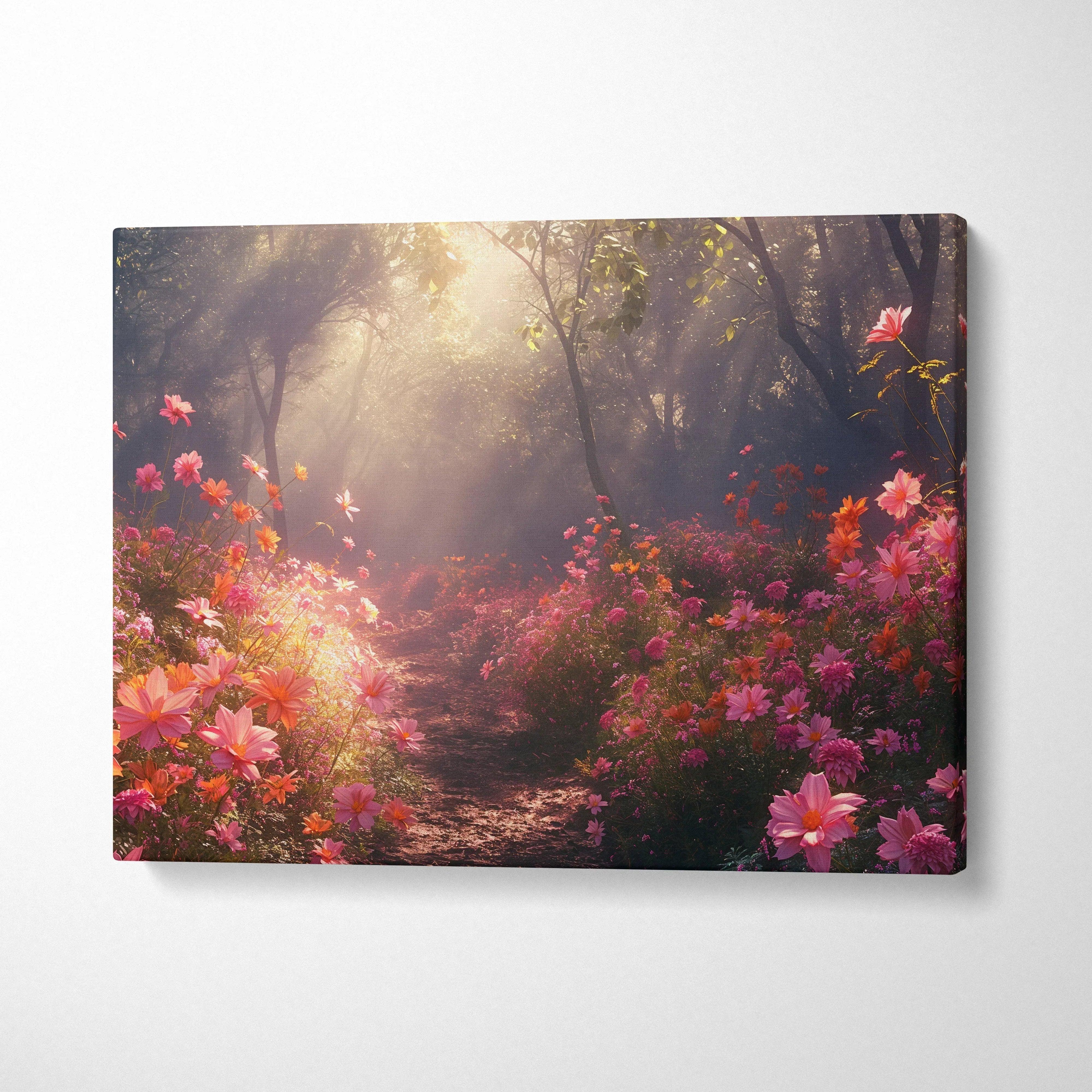 Cherry blossom floral canvas wall art with glowing sunlight and forest path decor.