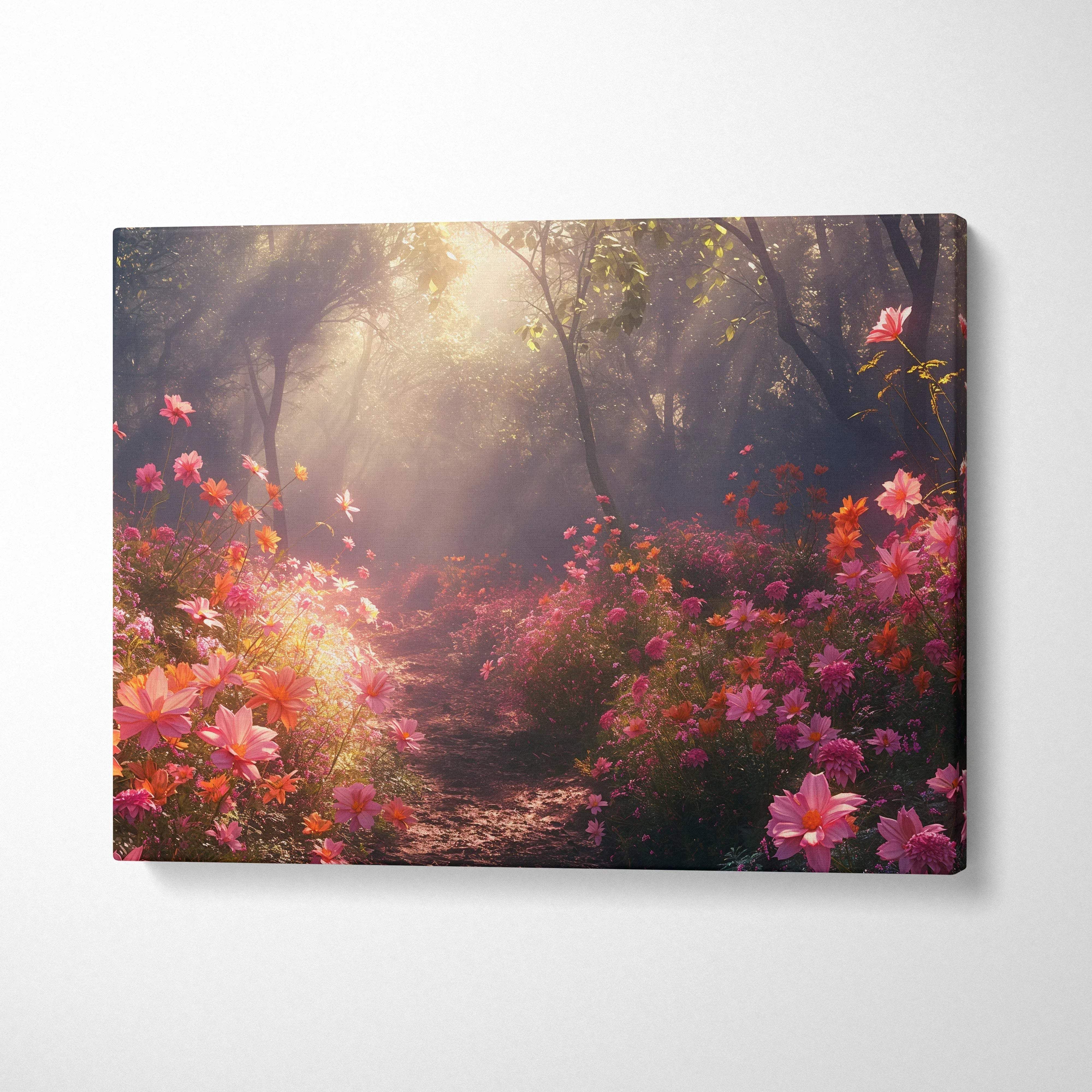 Cherry blossom floral canvas wall art with glowing sunlight and forest path decor.