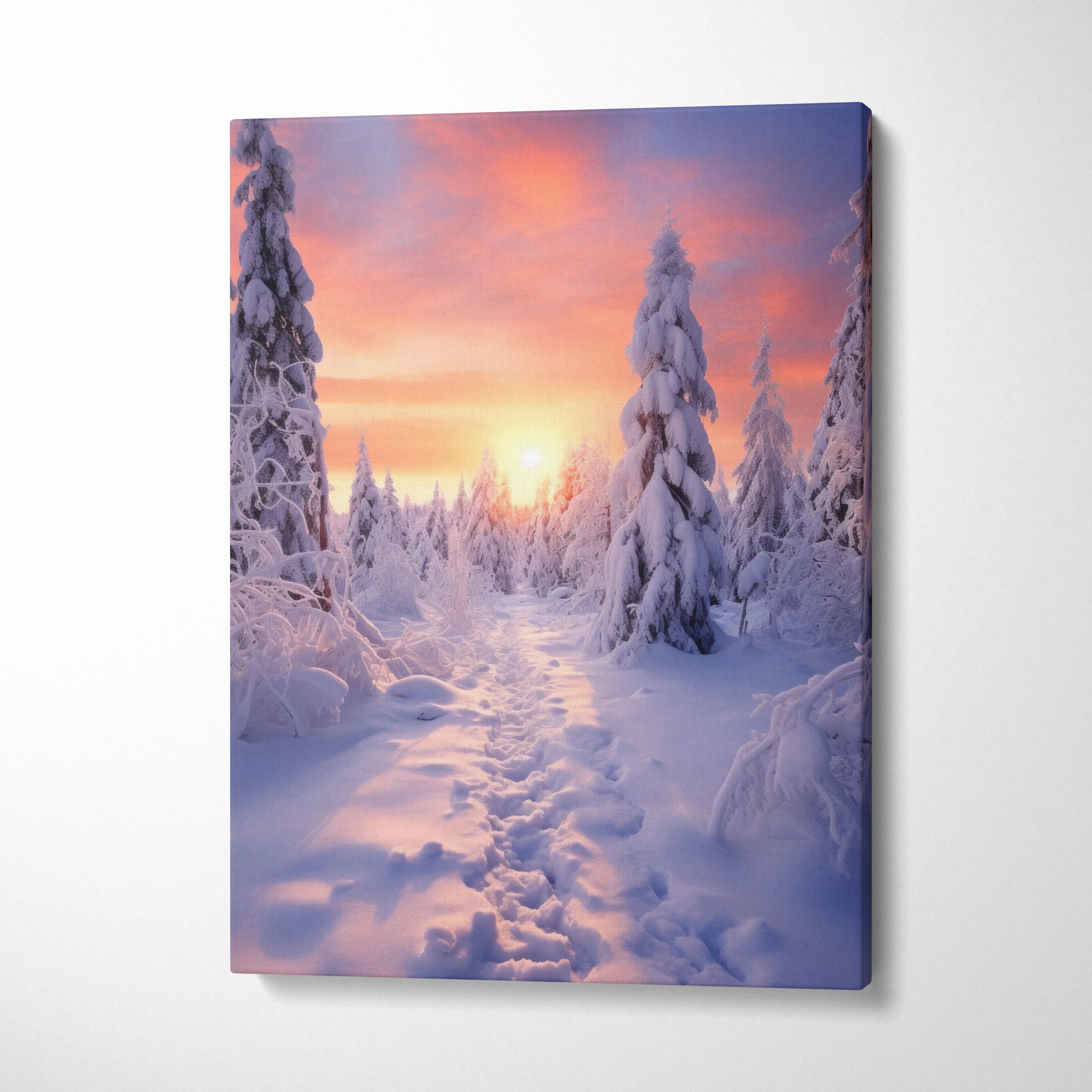 Winter snowy forest sunset canvas wall art with vibrant pink and orange sky decor.