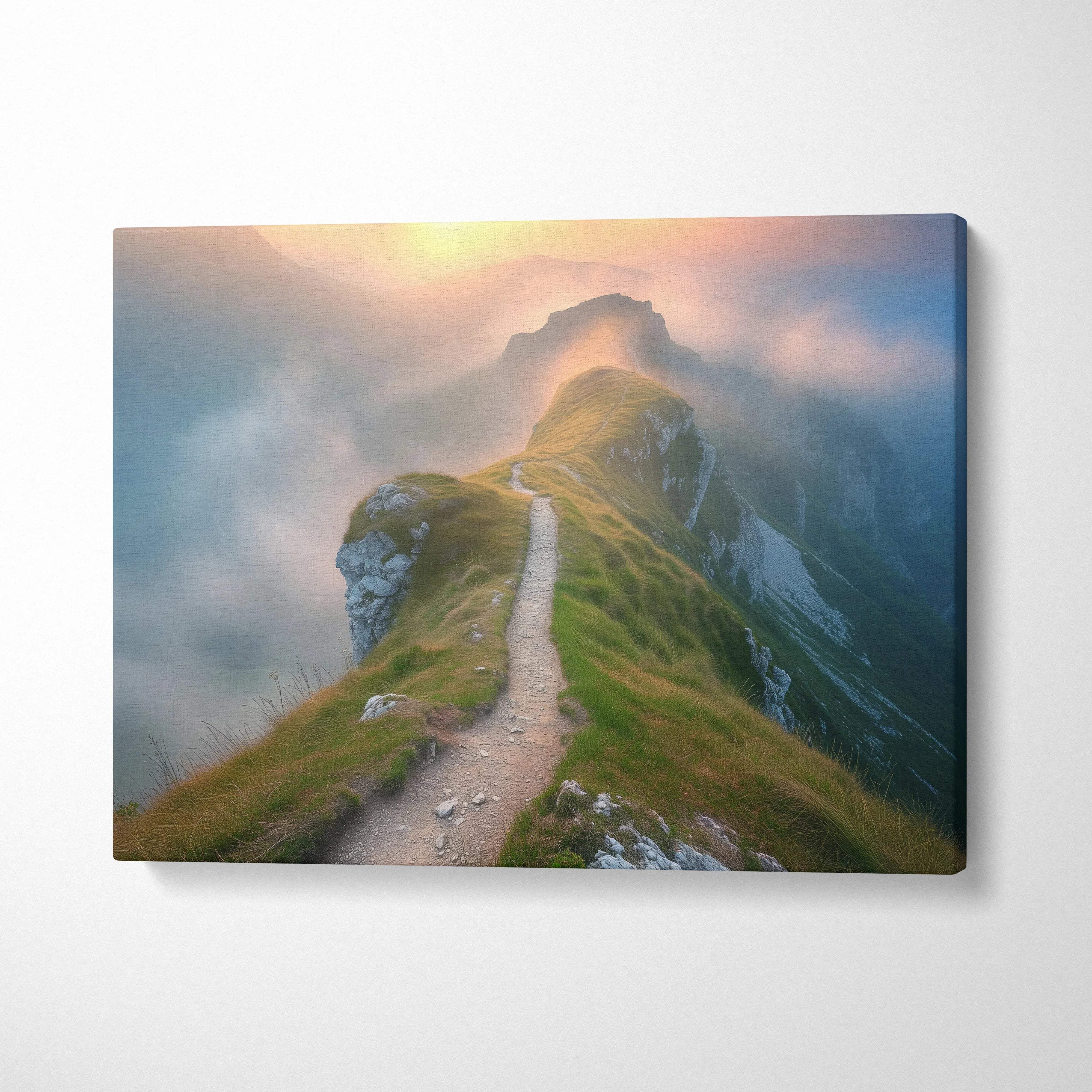 Canvas print of misty mountain ridge trail at golden sunset over valleys