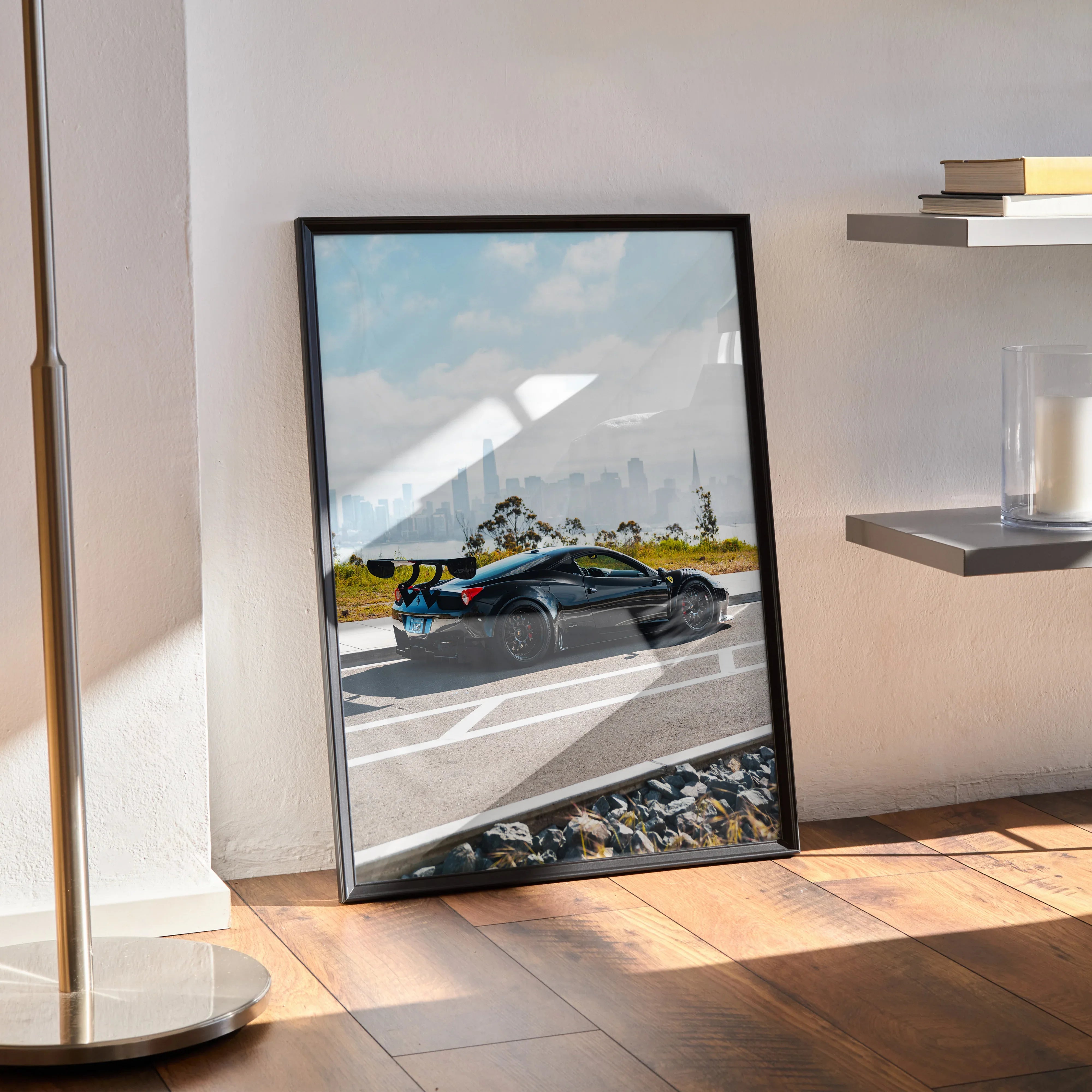 Ferrari 458 Italia GT3 racing car poster leaning against wall with scenic background wall art.