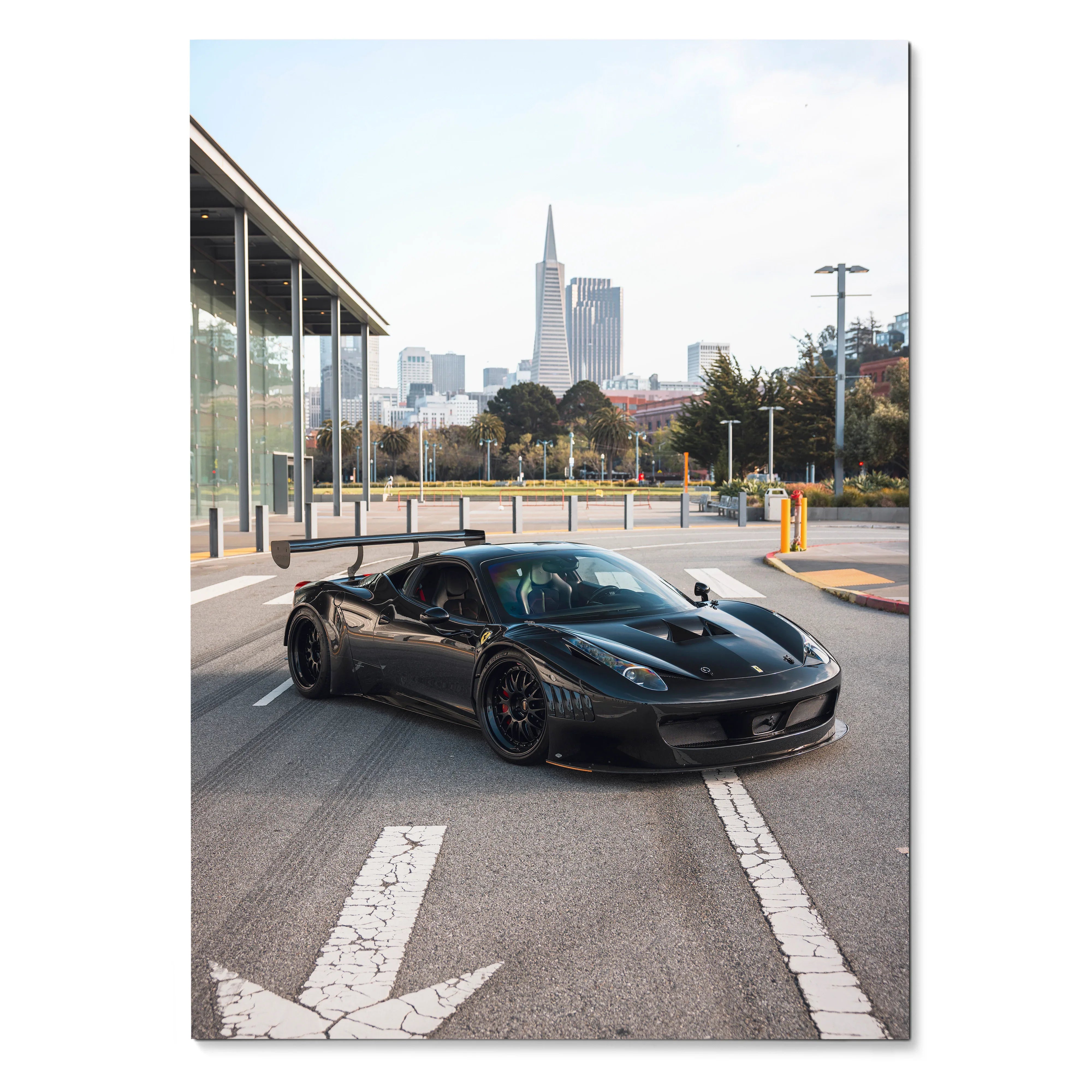 Ferrari 458 Italia GT3 black race car on city street poster wall art.