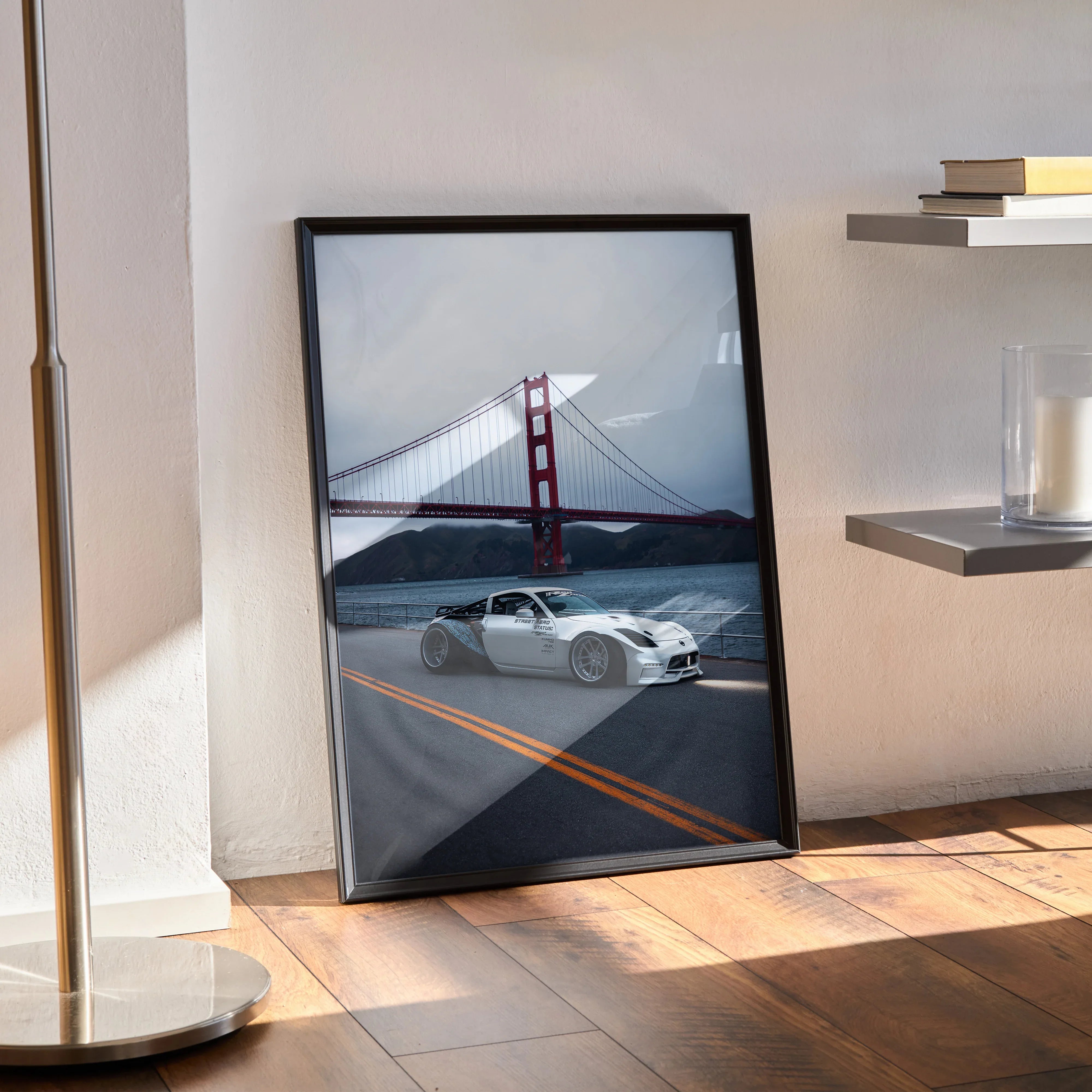 Nissan 350z widebody in front of Golden Gate Bridge poster wall art with black frame.